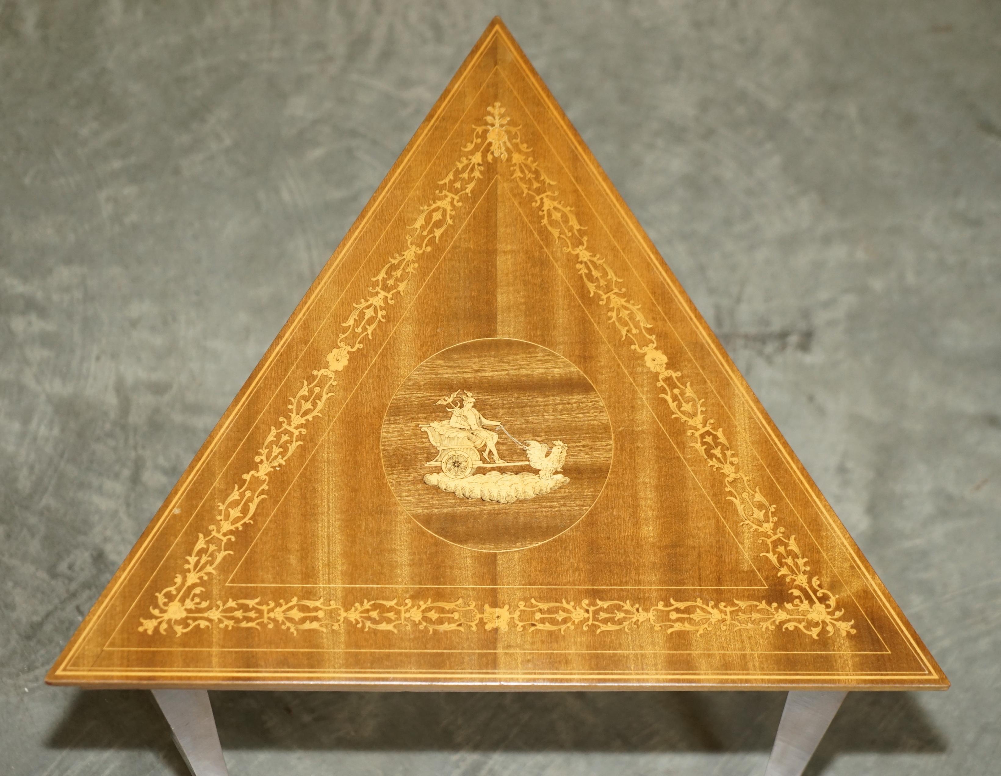 Lovely circa 1950's Vintage Italian Marquetry Inlaid Nest of Six Triangle Tables For Sale 14