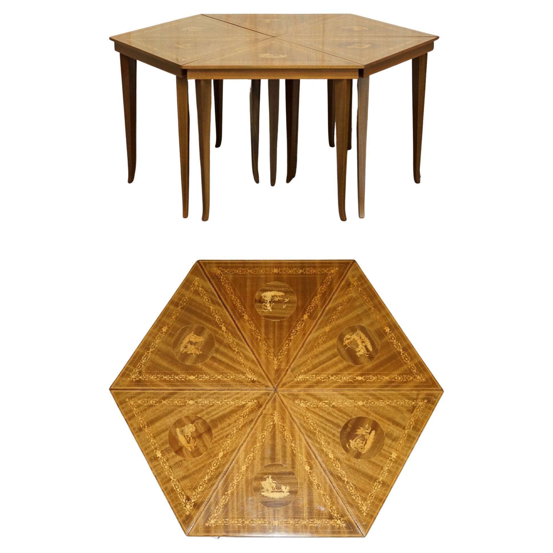 Lovely circa 1950's Vintage Italian Marquetry Inlaid Nest of Six Triangle Tables