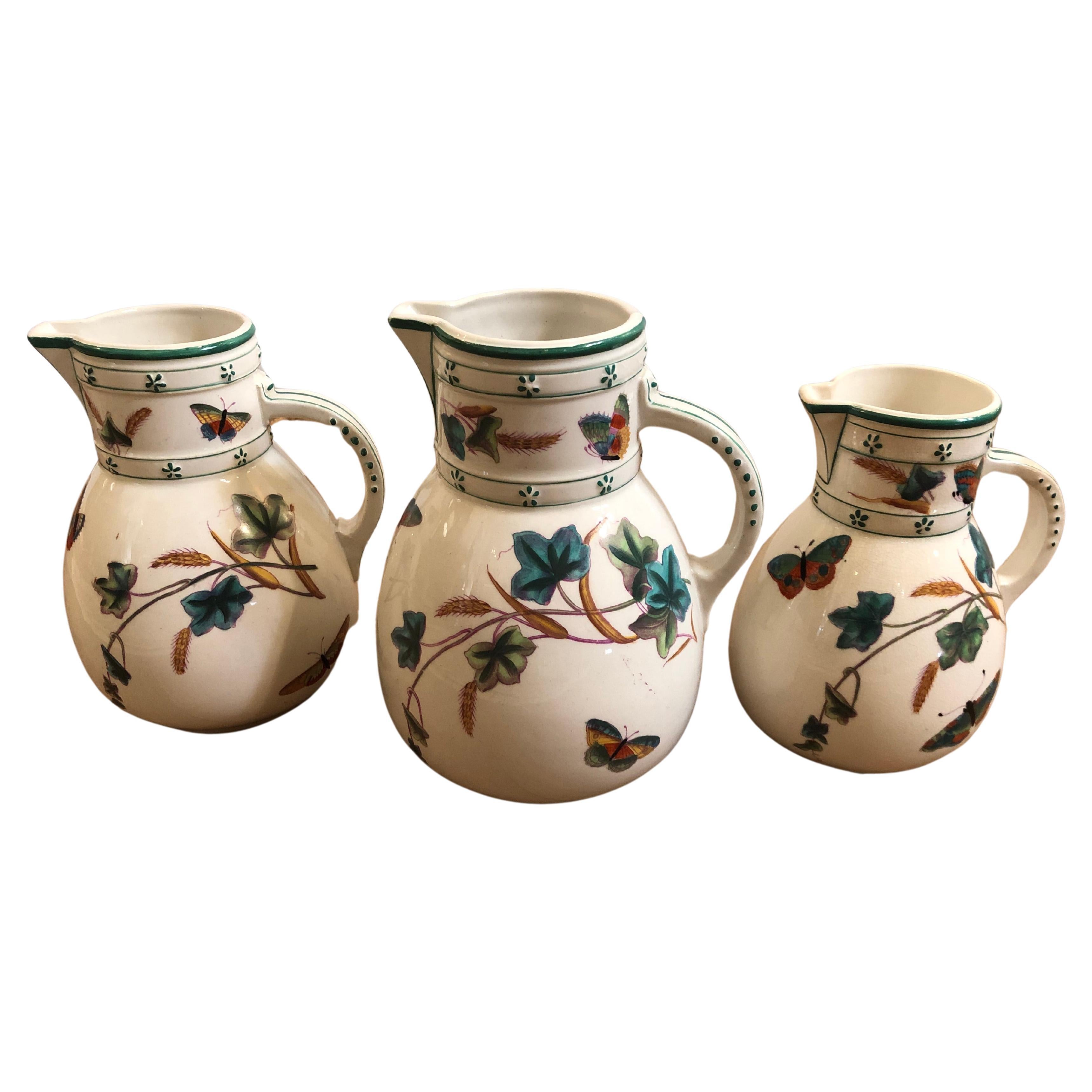 Lovely Collection of 3 Antique English Porcelain Pitchers For Sale