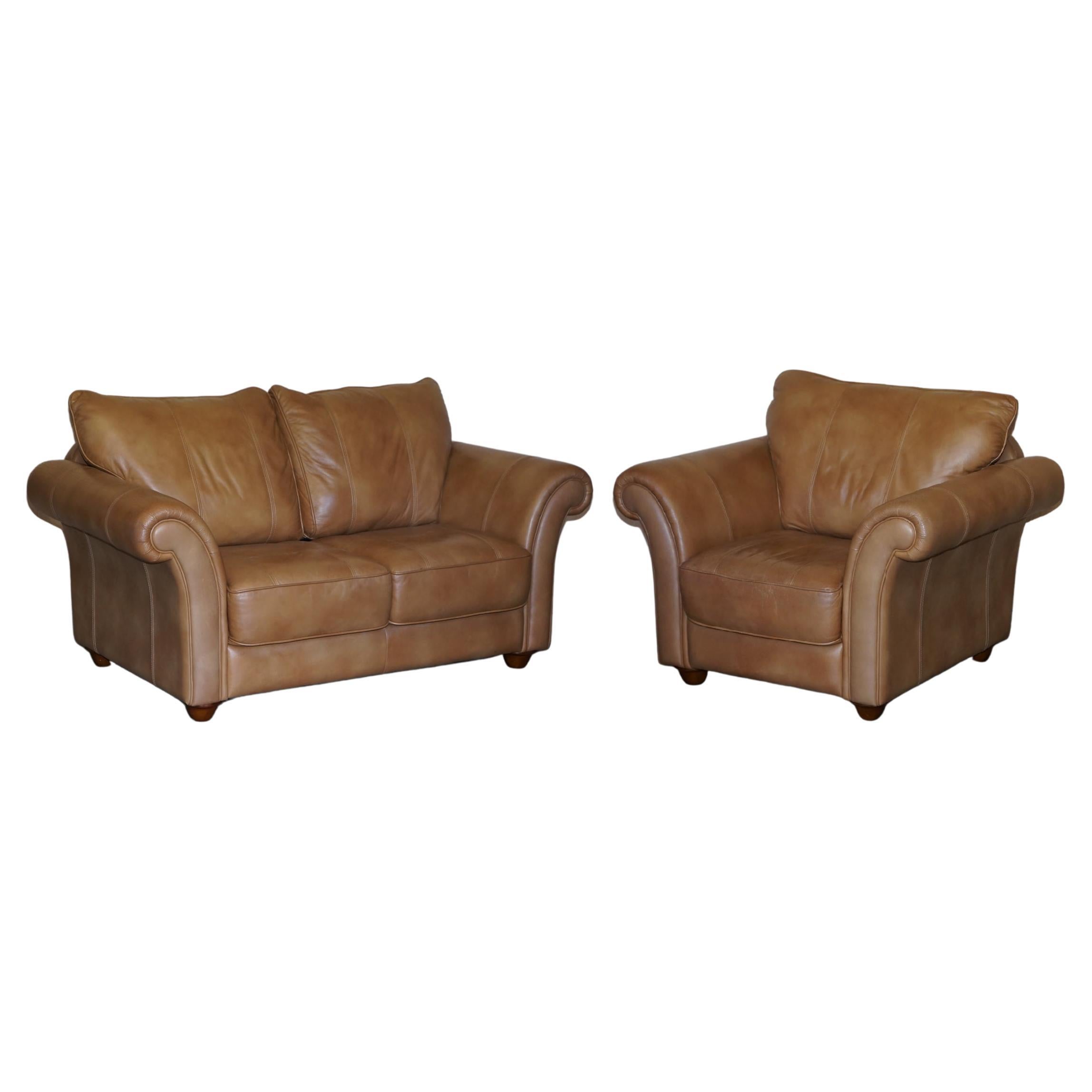 Lovely Contemporary Tan Brown Leather Two Seat Sofa & Matching Armchair