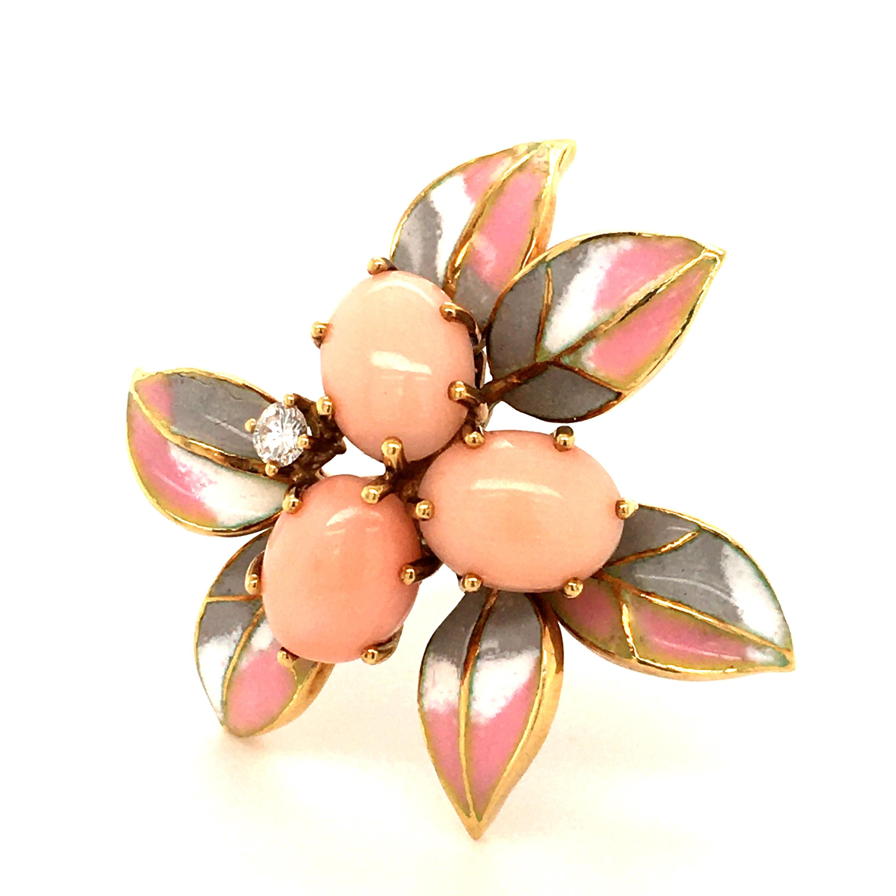 Modern Lovely Coral and Diamond Enamel Brooch in 18 Karat Yellow Gold For Sale