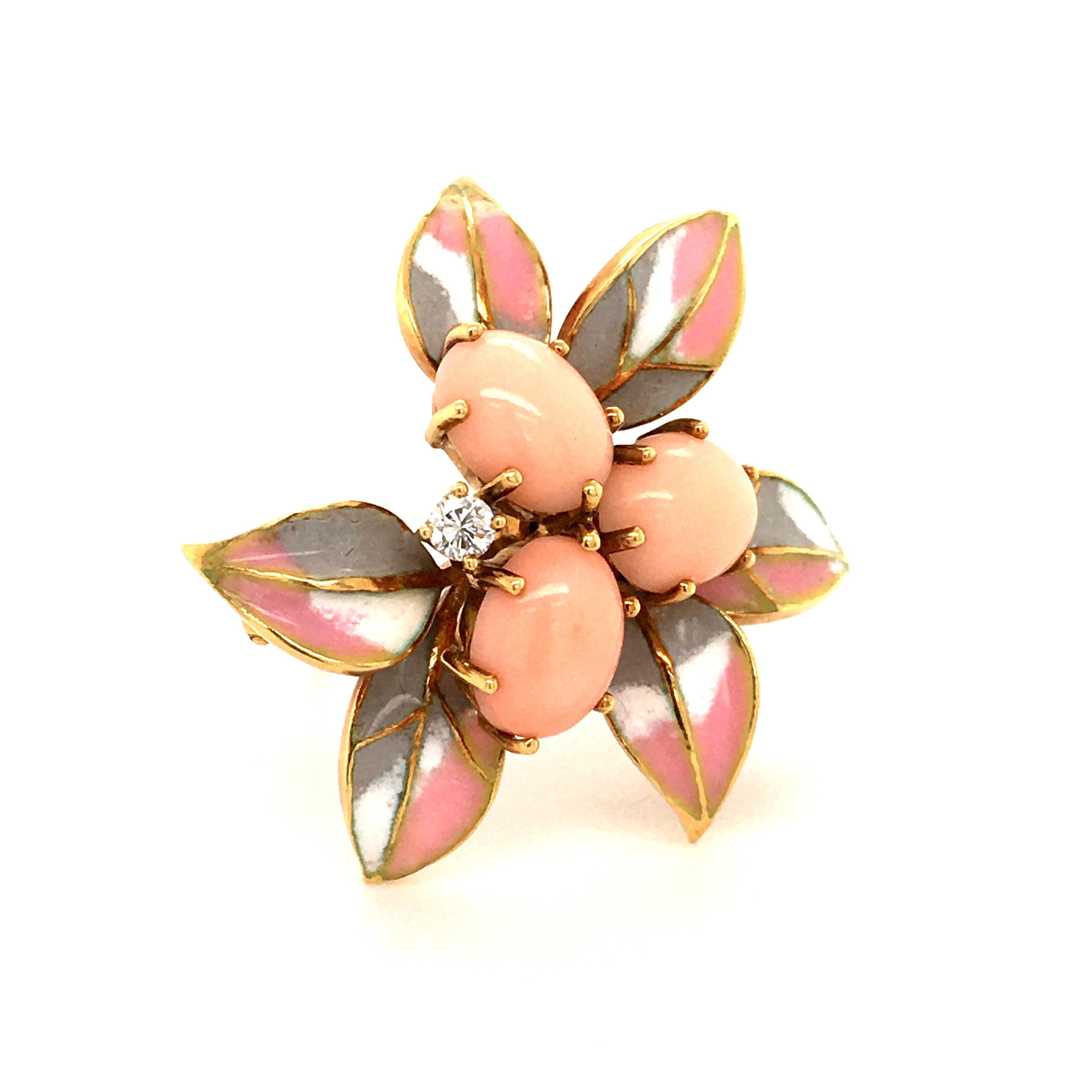 Ravissante broche en or jaune 18 carats avec corail et émail de diamants Bon état - En vente à Lucerne, CH