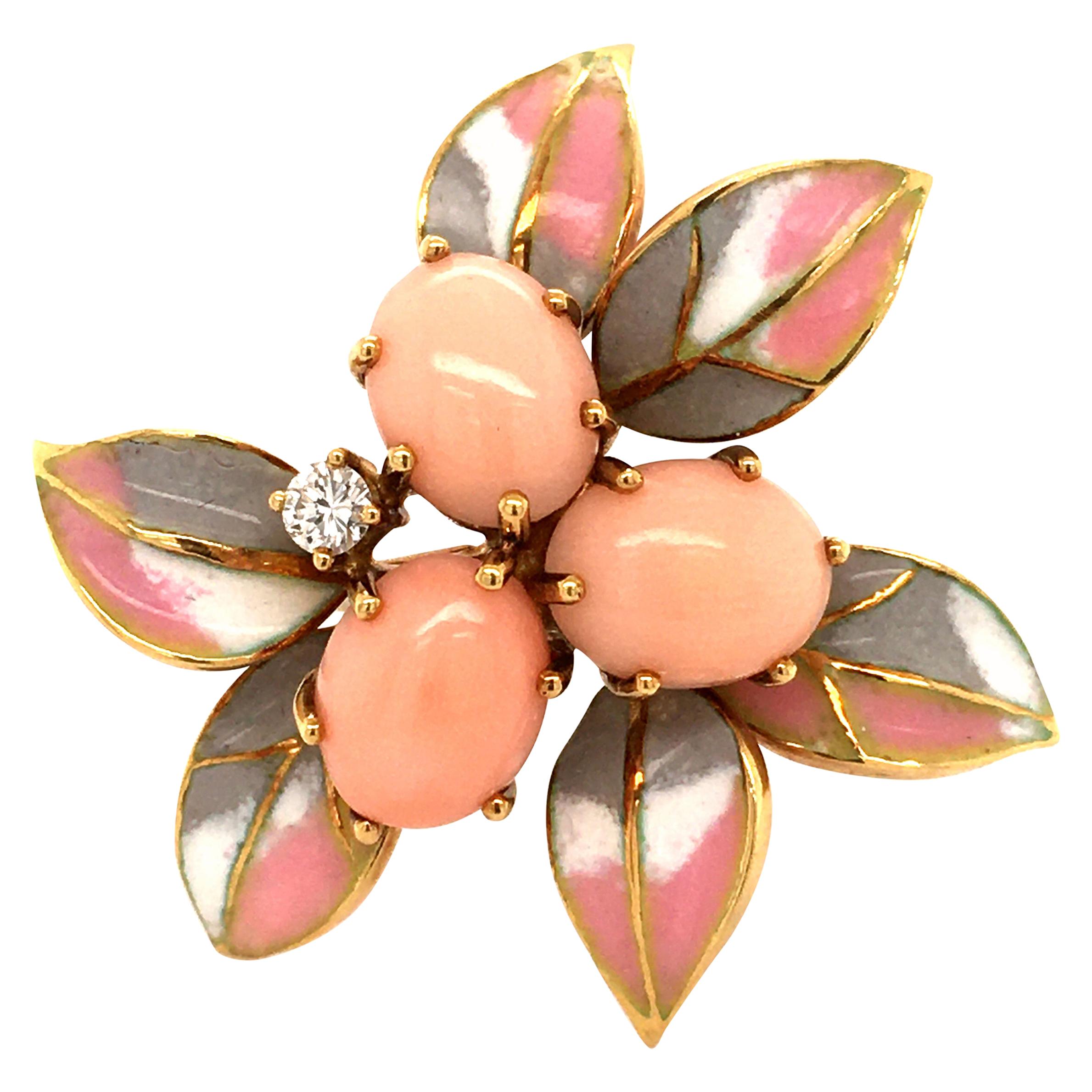 Lovely Coral and Diamond Enamel Brooch in 18 Karat Yellow Gold For Sale