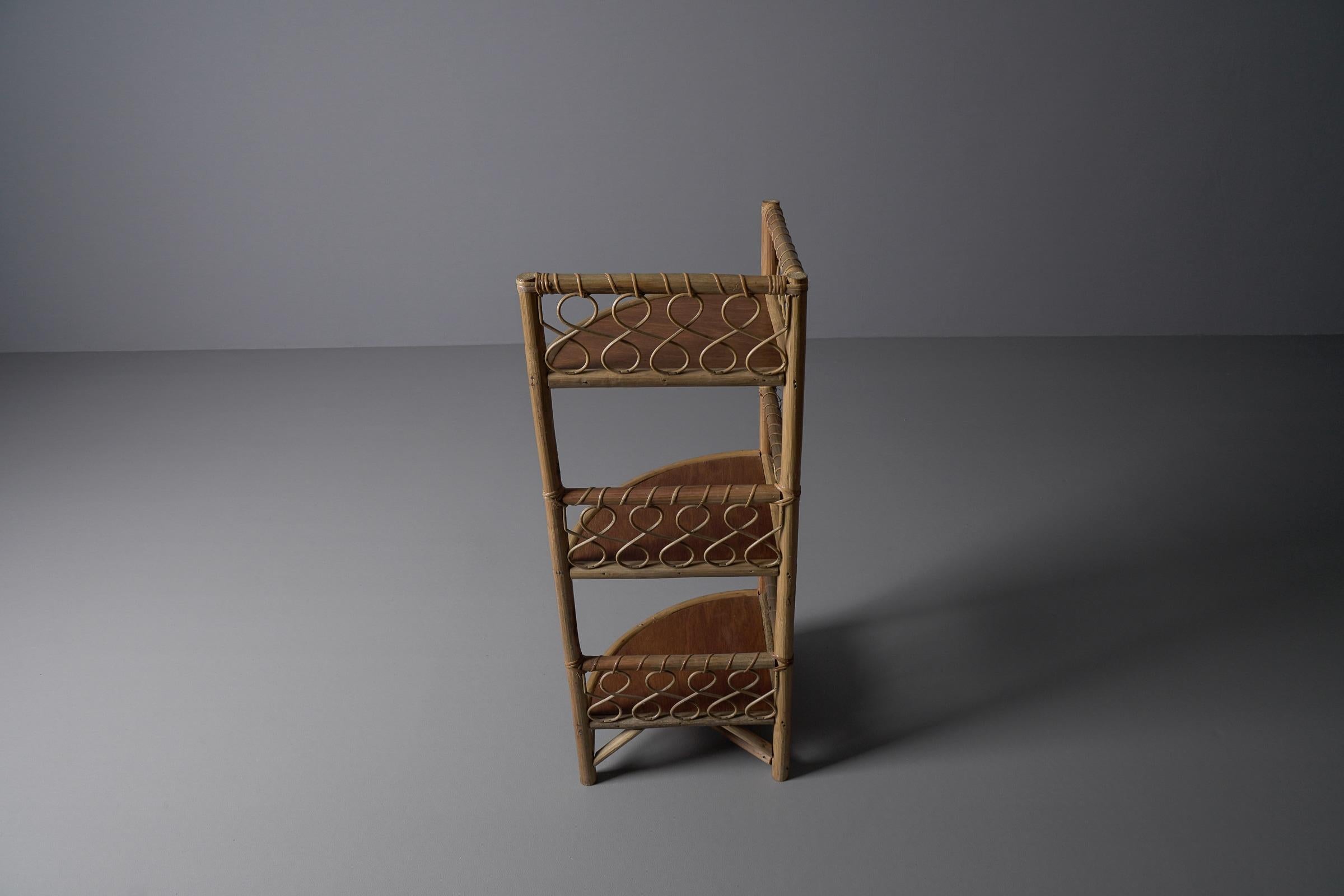 Mid-Century Modern Lovely Corner Bamboo and Wicker Shelf, Italy, 1950s For Sale