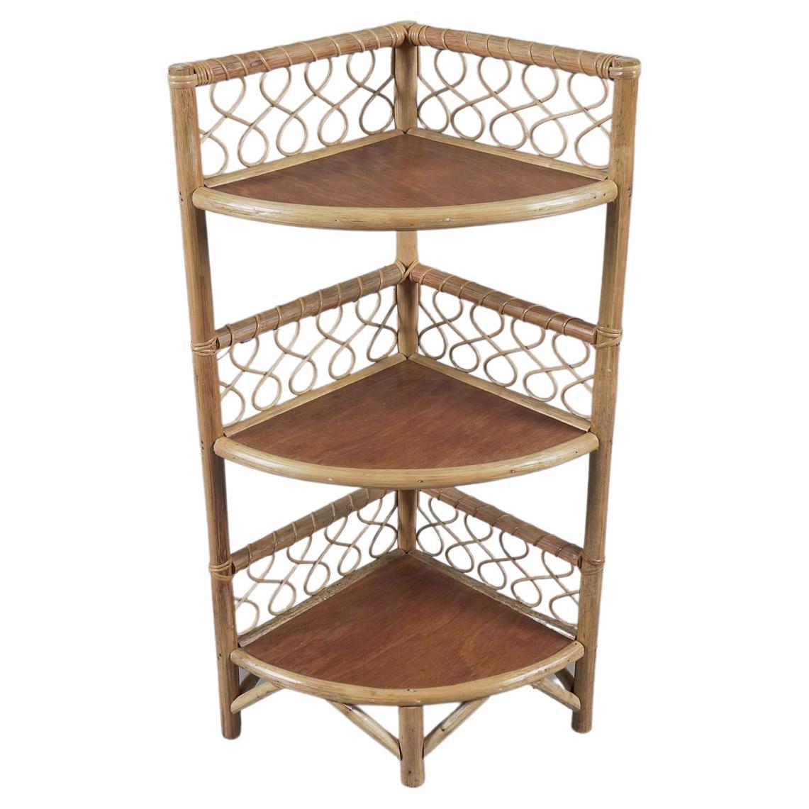 Lovely Corner Bamboo and Wicker Shelf, Italy, 1950s For Sale