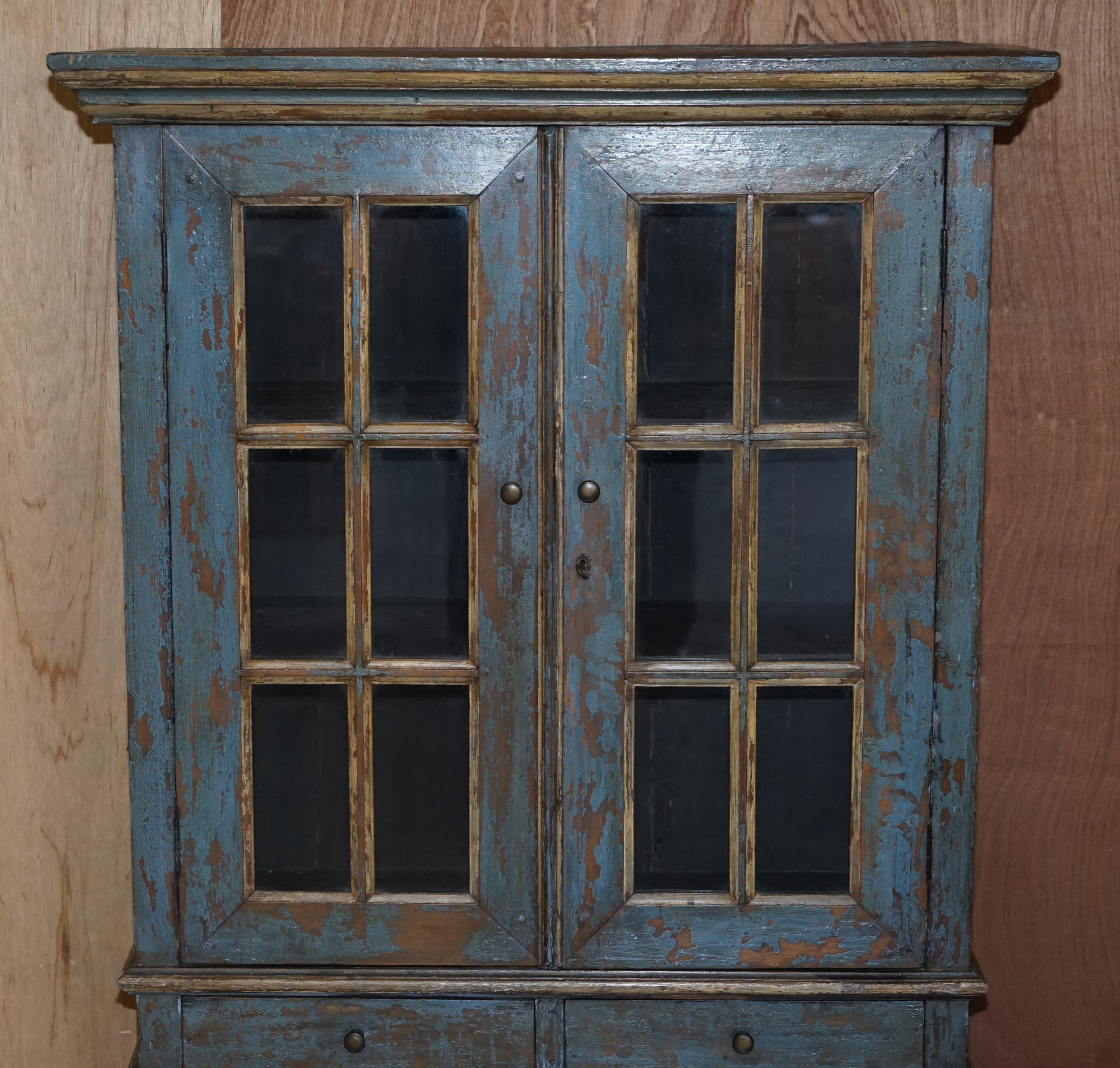Country Lovely Cottage House Hand Painted Antique Blue Aged Cupboard or Display Bookcase