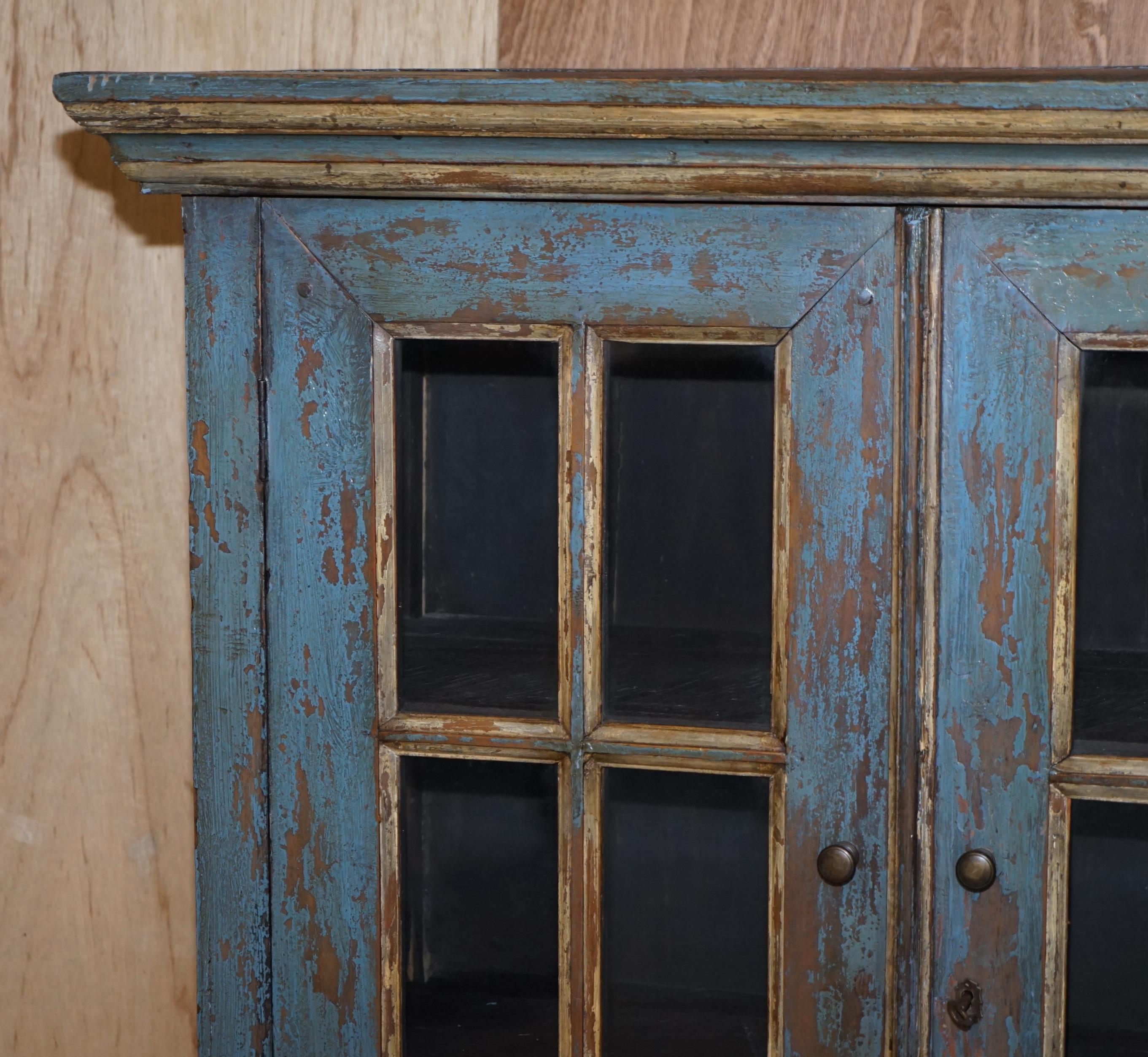 English Lovely Cottage House Hand Painted Antique Blue Aged Cupboard or Display Bookcase