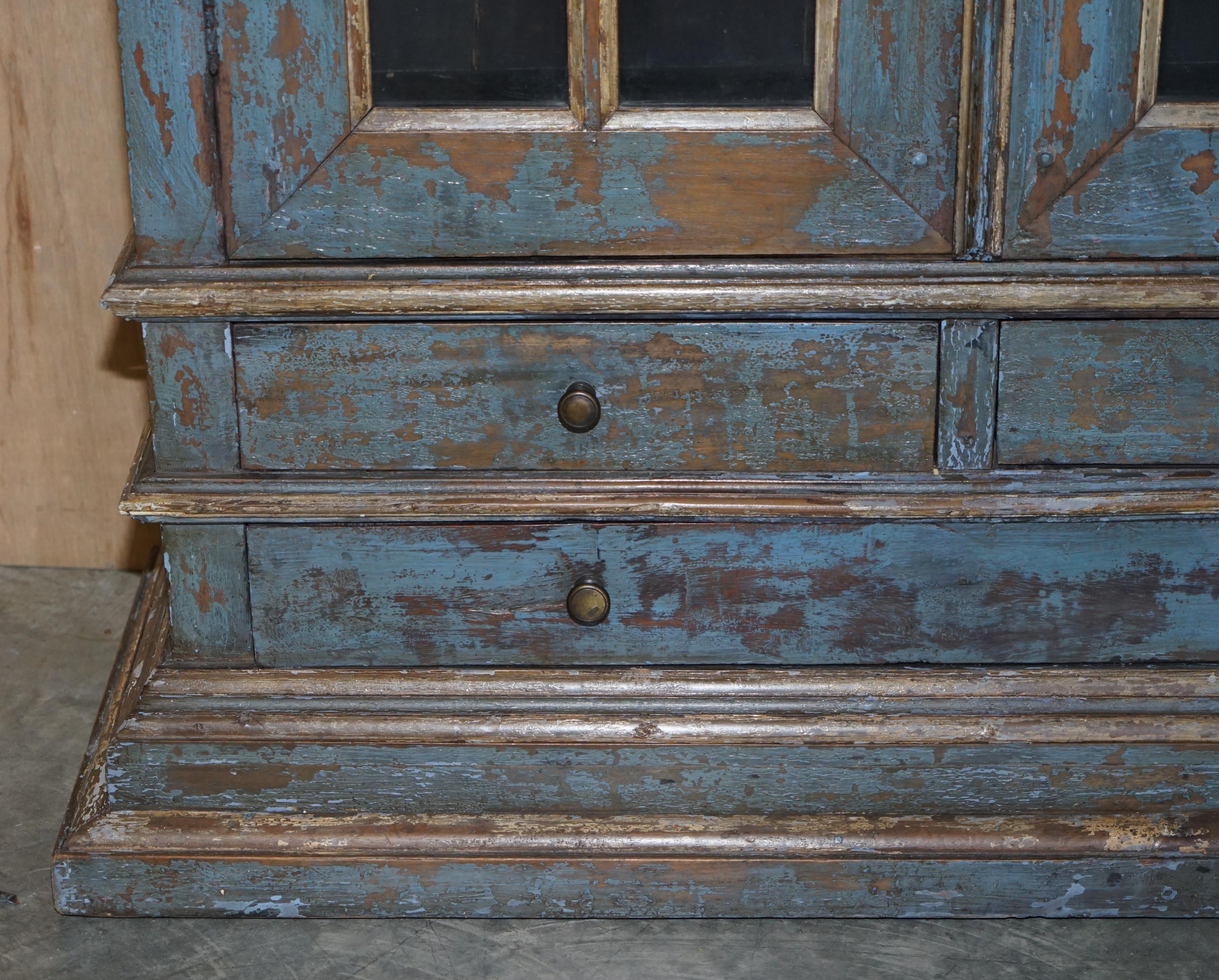 Early 20th Century Lovely Cottage House Hand Painted Antique Blue Aged Cupboard or Display Bookcase