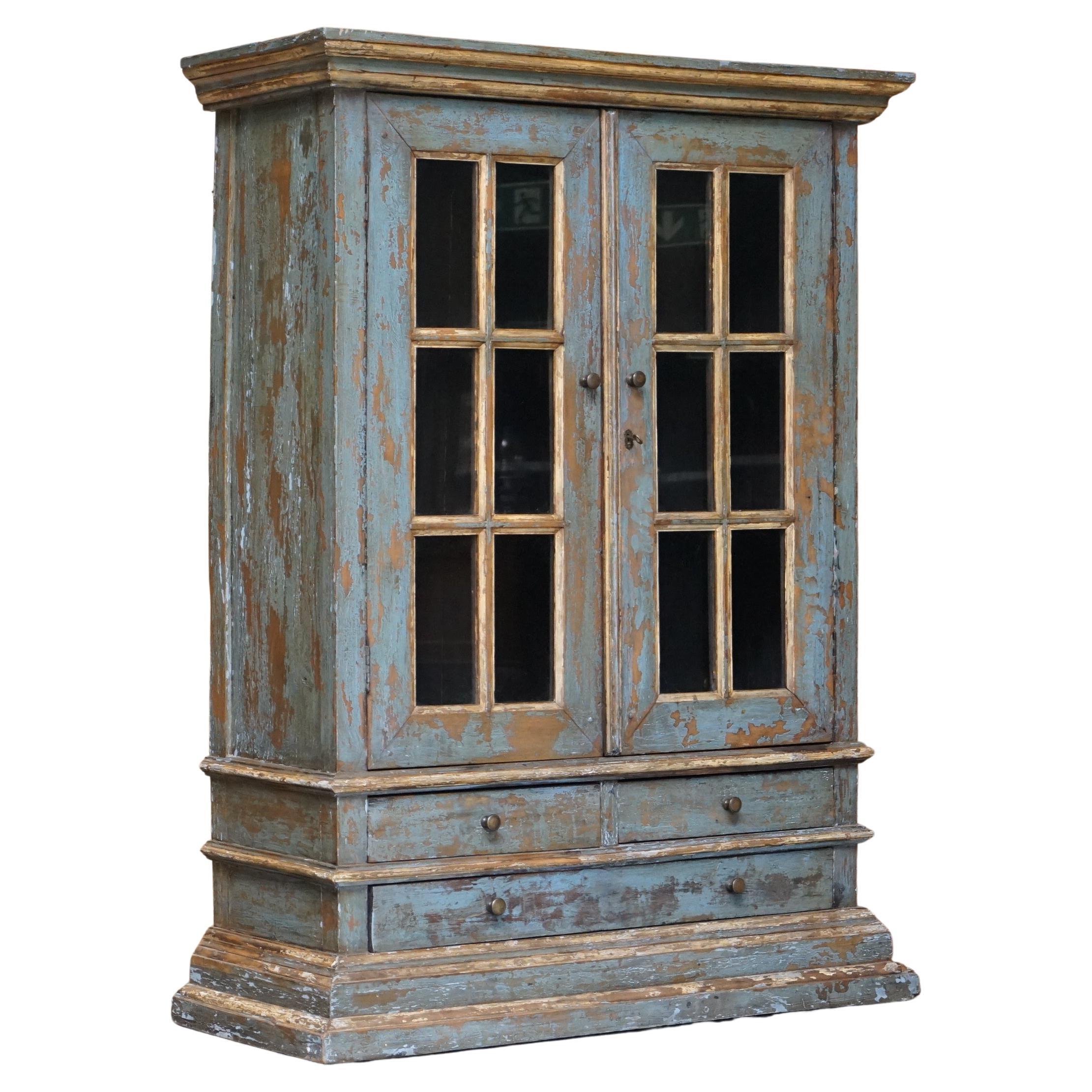 Lovely Cottage House Hand Painted Antique Blue Aged Cupboard or Display Bookcase