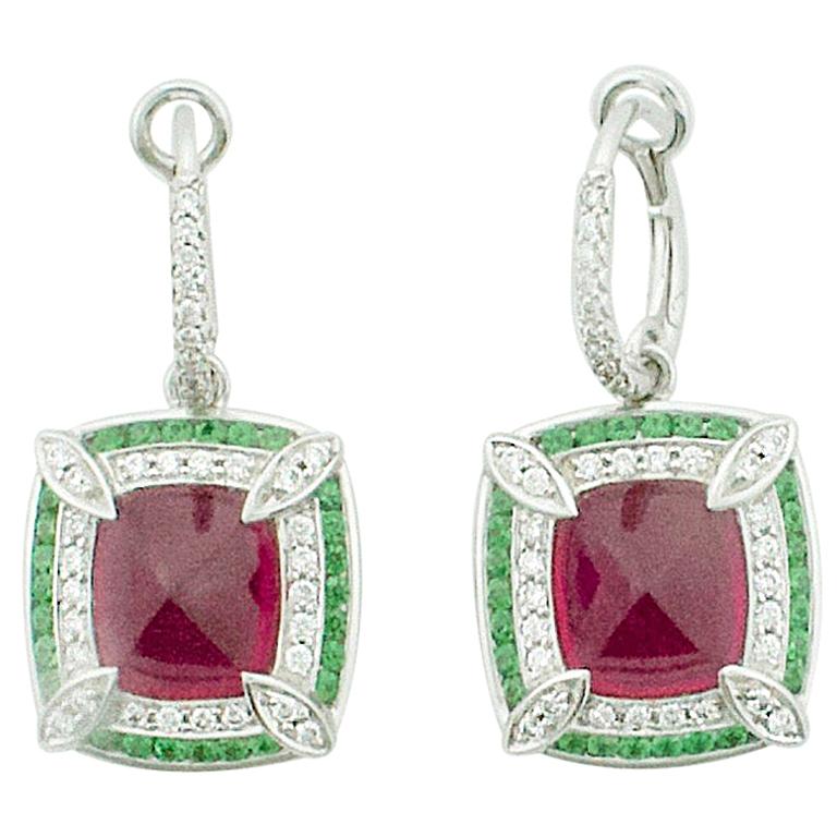 Lovely Dangling Rubellite & Tsavorite Garnet & Diamond Earrings in 18 Karat Gold