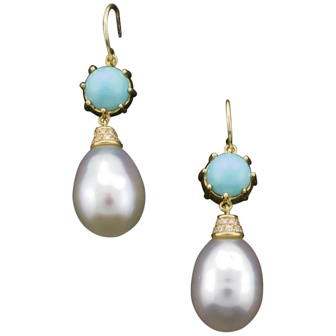 Lovely Dangling South Sea Pearl and Turquoise Earrings in 18 Karat Yellow Gold