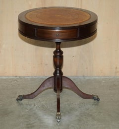 Lovely Decorative Cigar Brown Leather Twin Drawer Side End Lamp Wine Drum Table