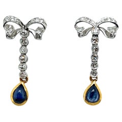 Antique Lovely Diamond and Sapphire Bow-Earrings in Yellow Gold and Platinum