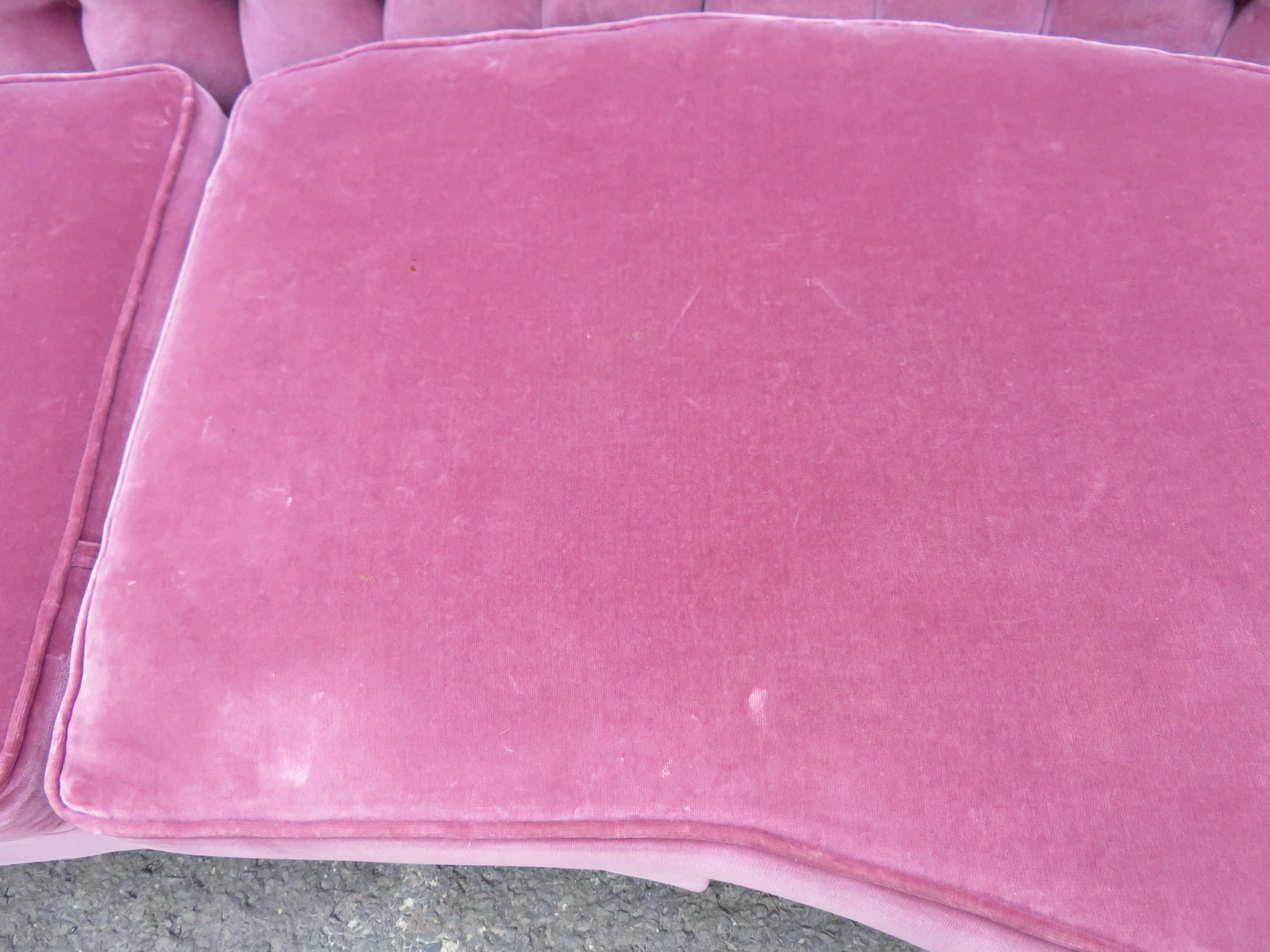 Lovely Dorothy Draper Style Lilac Velvet Curved Tufted Sofa Hollywood Regency 1
