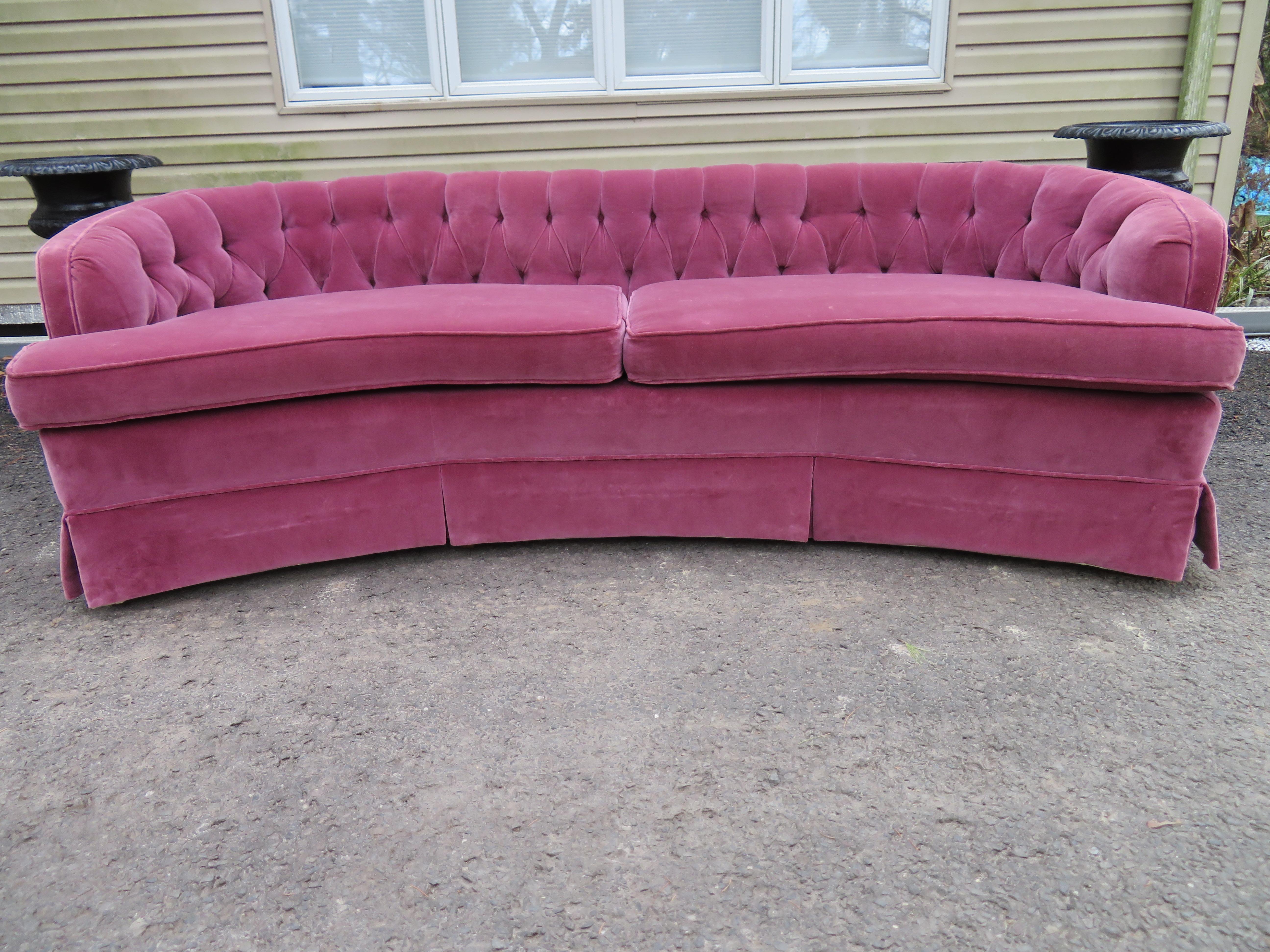 Lovely Dorothy Draper Style Lilac Velvet Curved Tufted Sofa Hollywood Regency 5