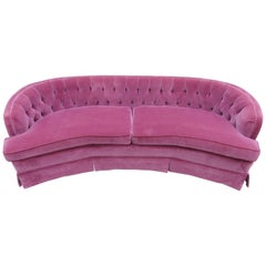 Lovely Dorothy Draper Style Lilac Velvet Curved Tufted Sofa Hollywood Regency