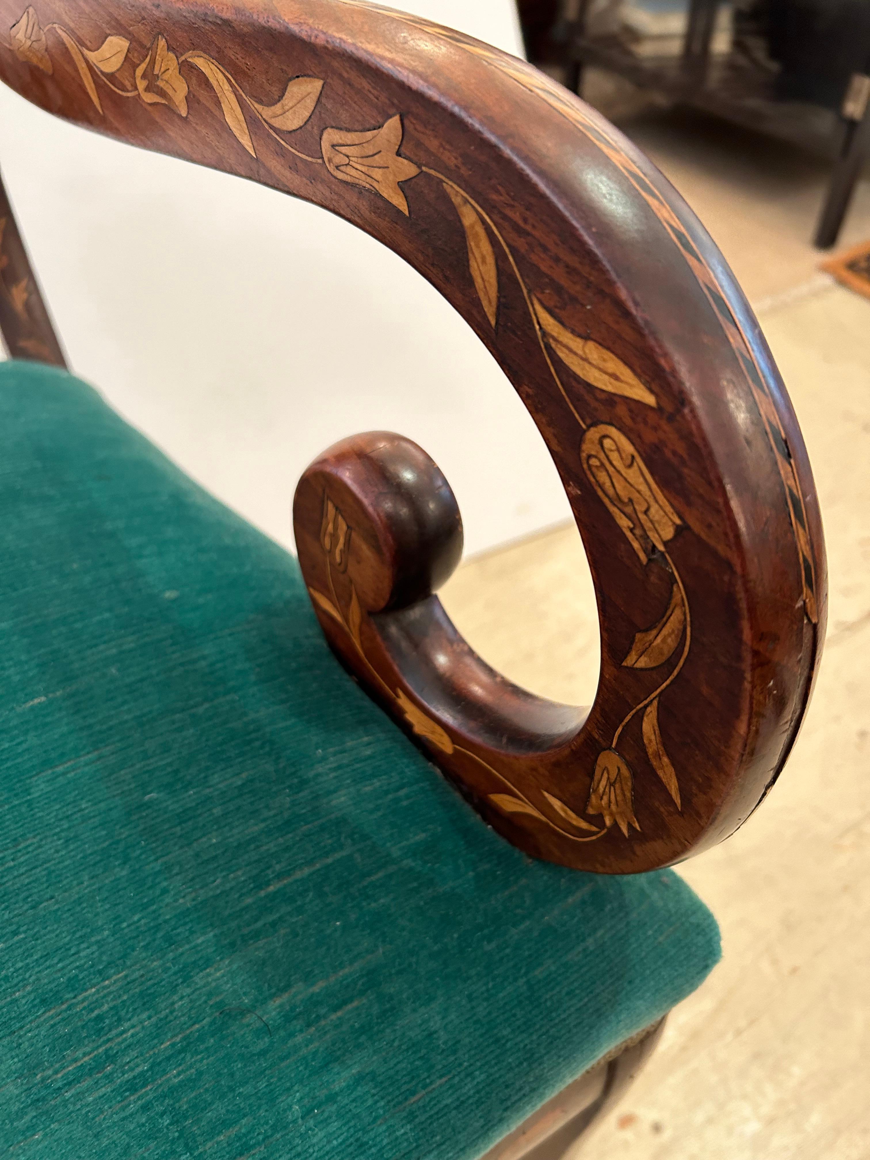 European Lovely Dutch Marquetry Inlaid Armchair with Velvet Seat For Sale