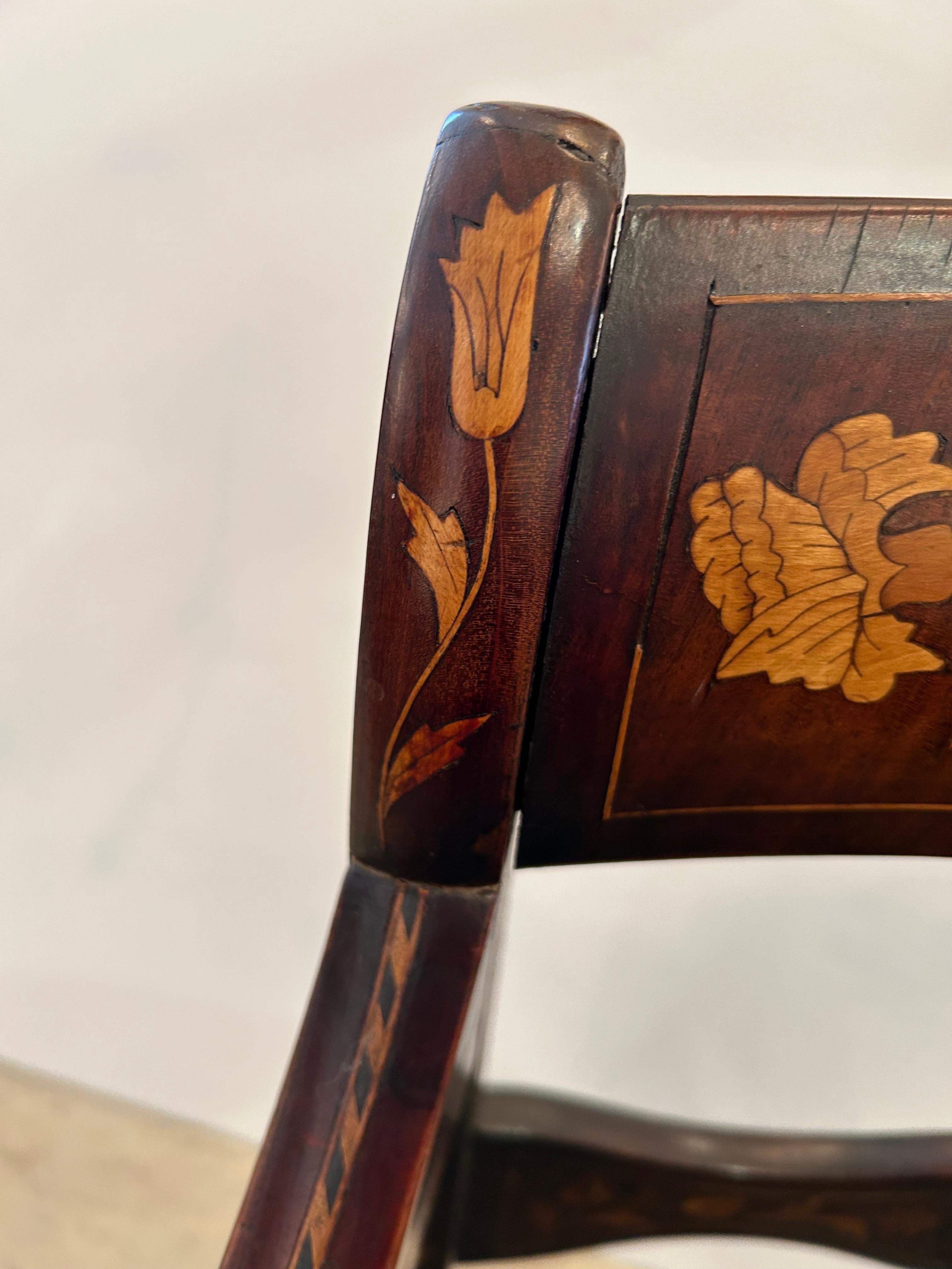 Lovely Dutch Marquetry Inlaid Armchair with Velvet Seat In Good Condition For Sale In Hopewell, NJ