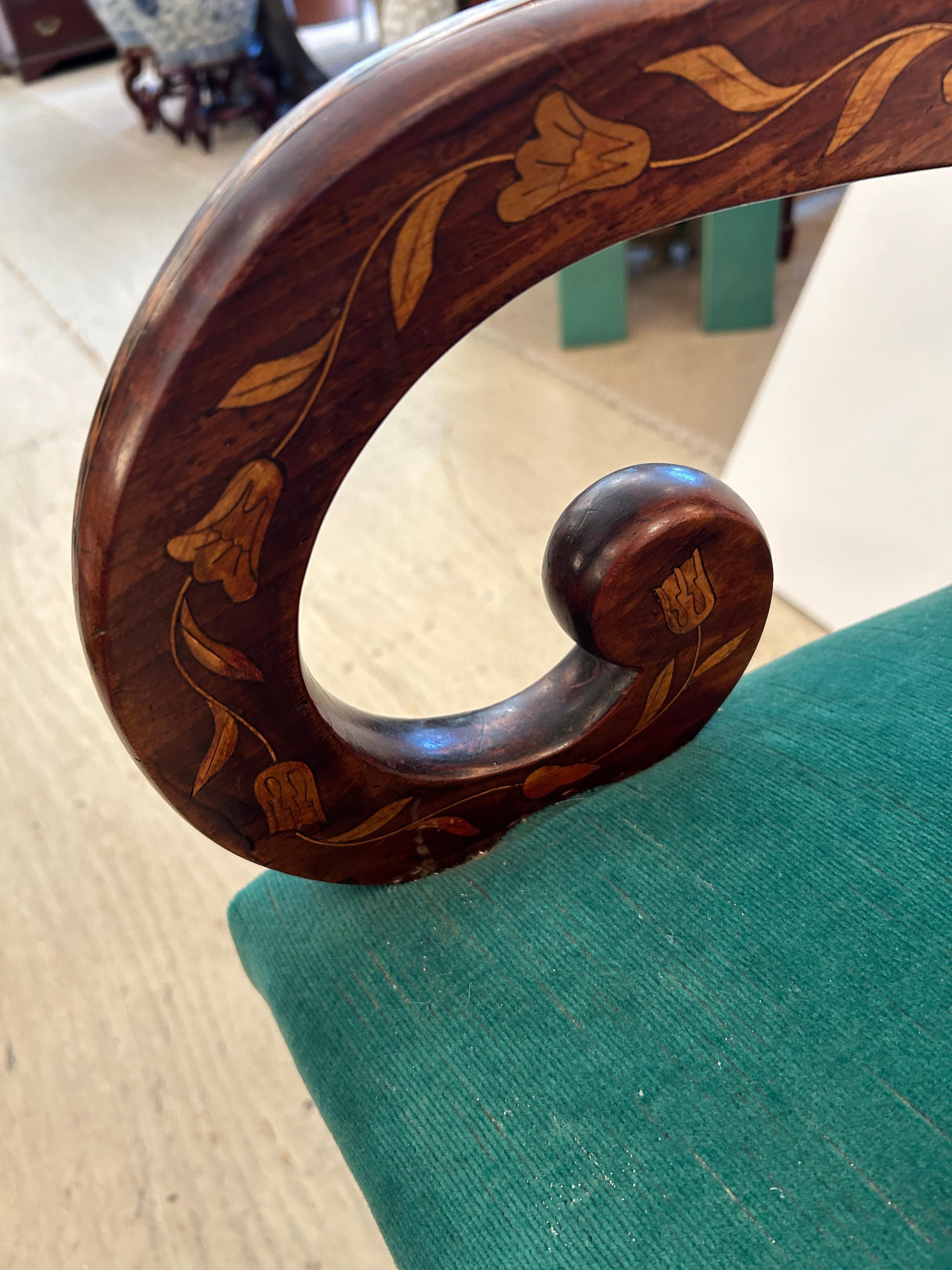 Mid-20th Century Lovely Dutch Marquetry Inlaid Armchair with Velvet Seat For Sale
