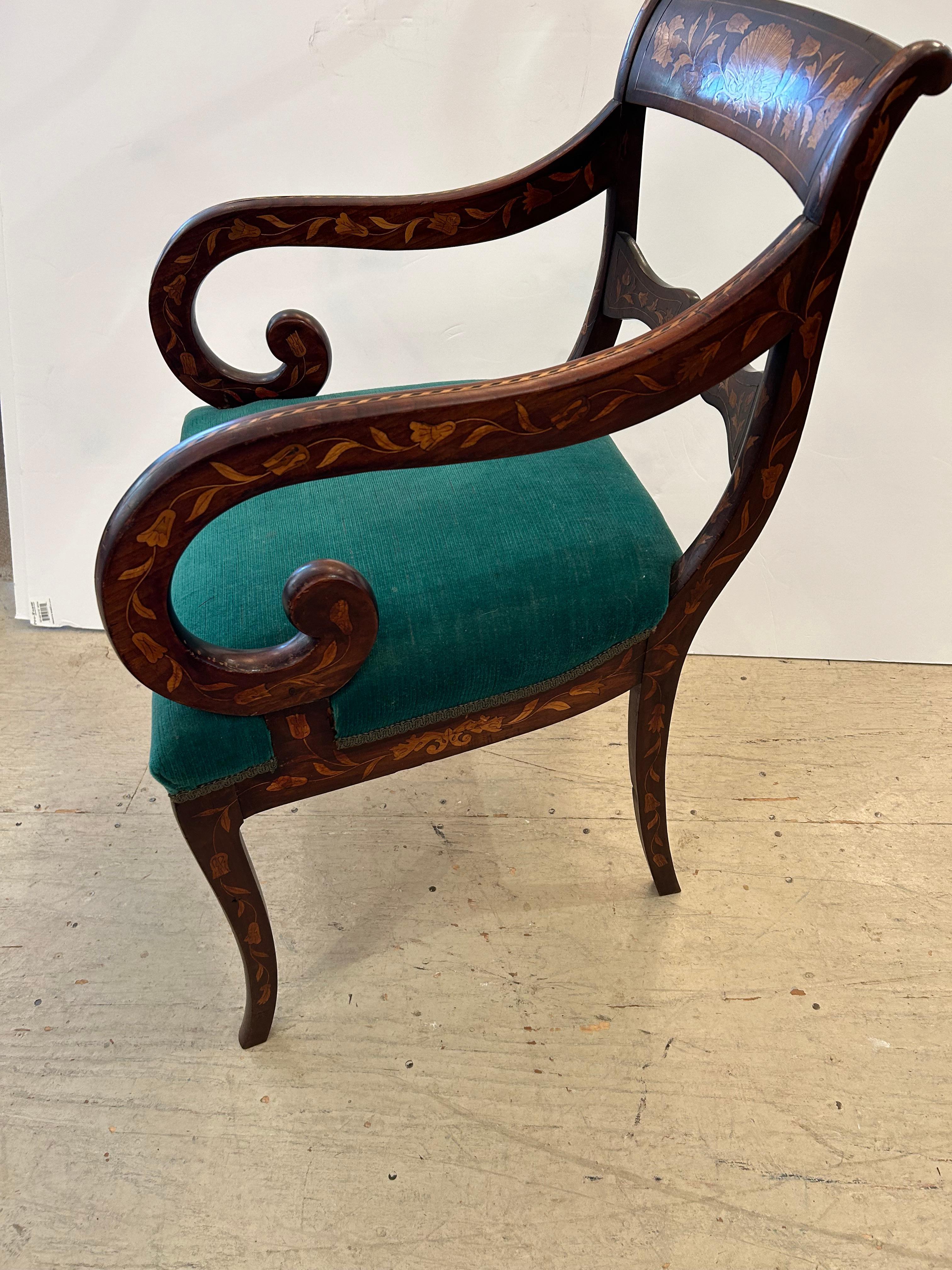 Lovely Dutch Marquetry Inlaid Armchair with Velvet Seat For Sale 1