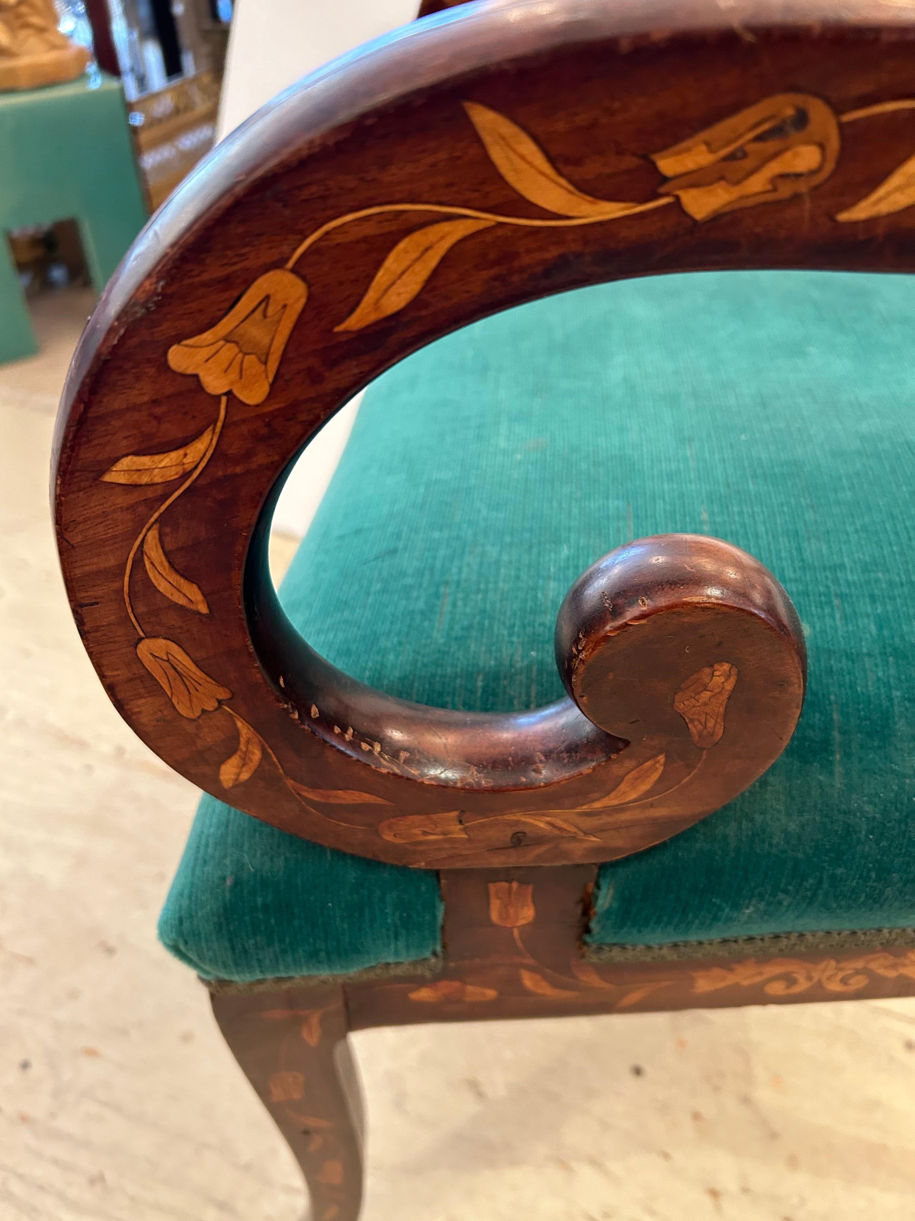 Lovely Dutch Marquetry Inlaid Armchair with Velvet Seat For Sale 2