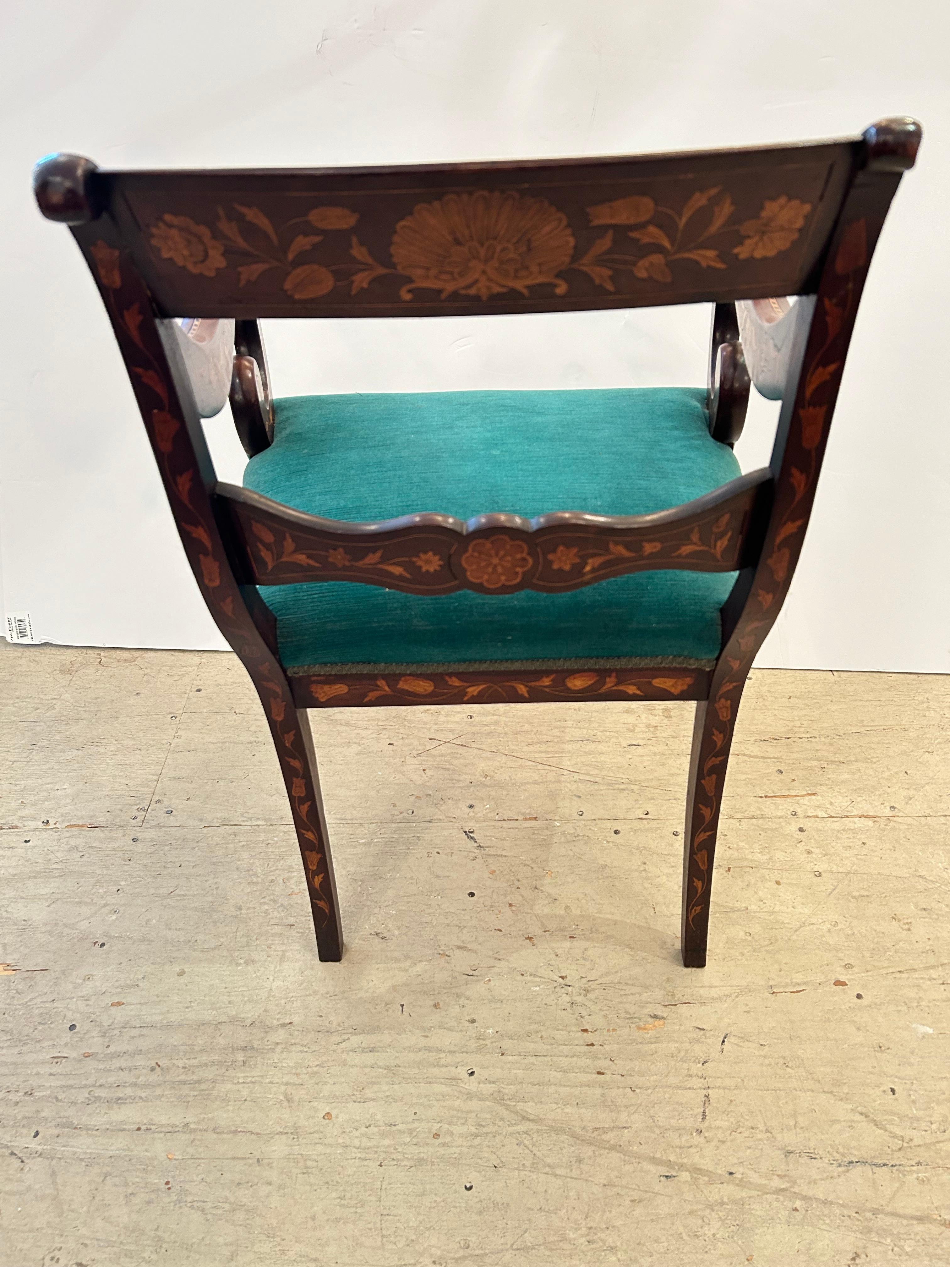 Lovely Dutch Marquetry Inlaid Armchair with Velvet Seat For Sale 3