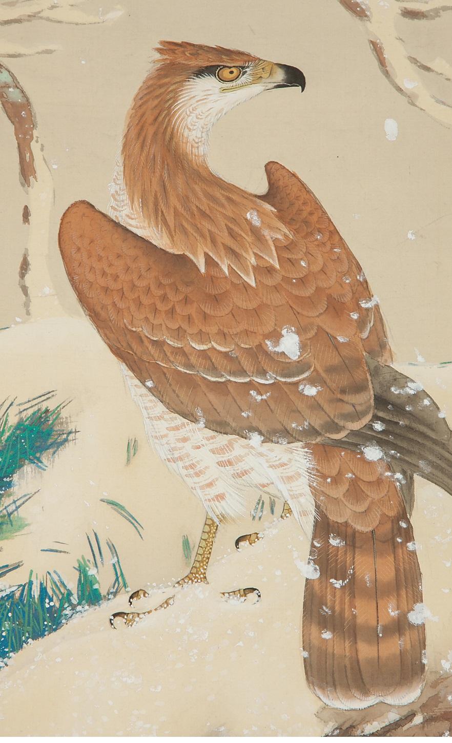 Japanese Lovely Early 20th Century Scroll Paintings Japan Artist Signed Hawk in Snow