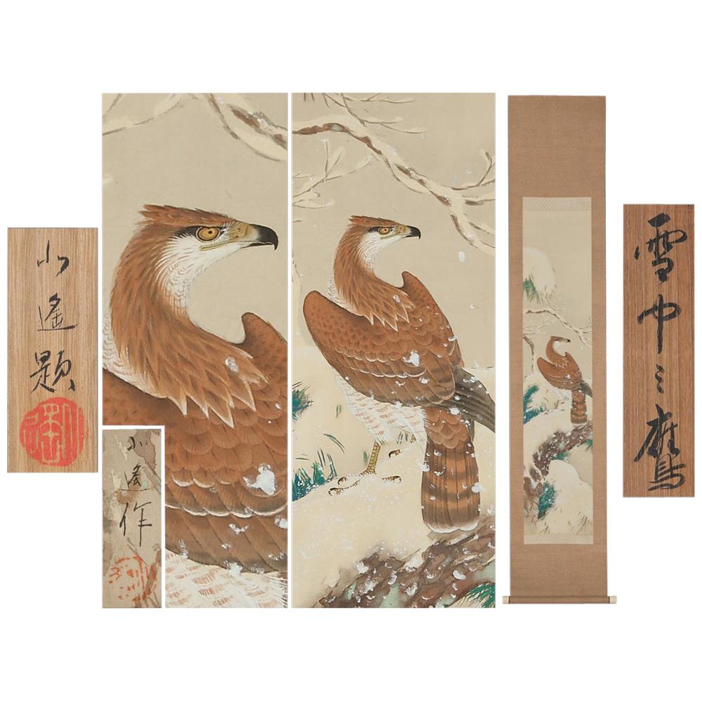 Lovely Early 20th Century Scroll Paintings Japan Artist Signed Hawk in Snow