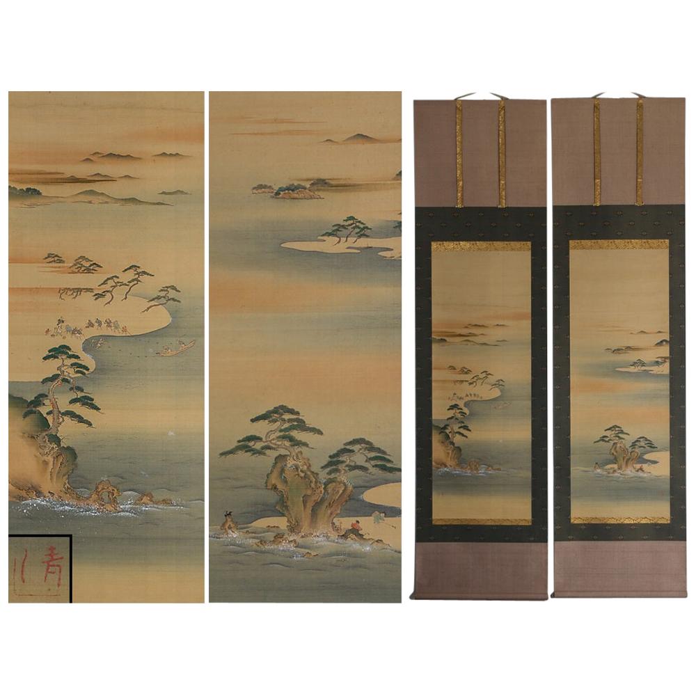 Lovely Early 20th Century Scroll Paintings Japan Artist Signed Landscape Pair