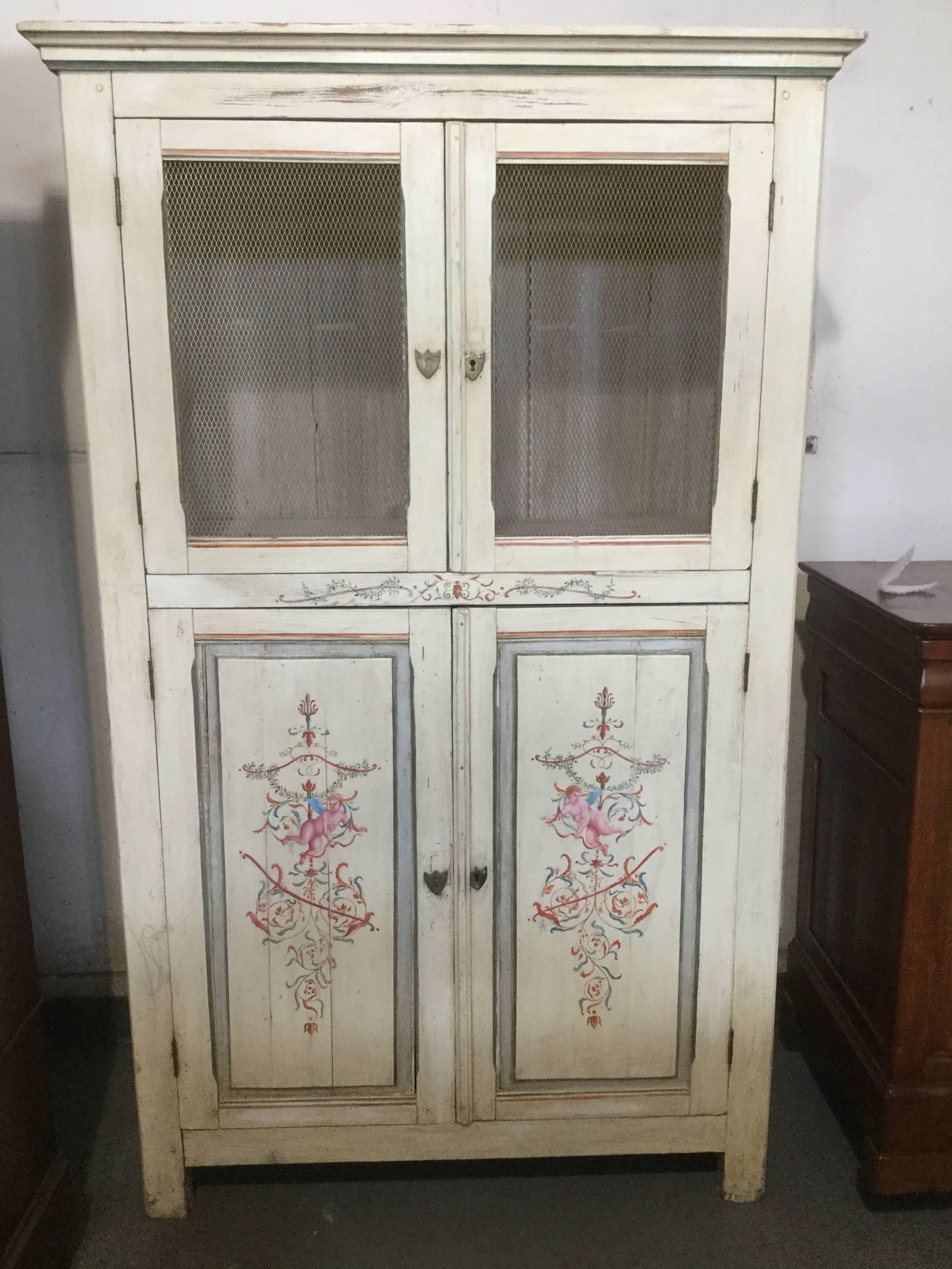 Lovely Early English Hand-Painted Pine Armoire 1