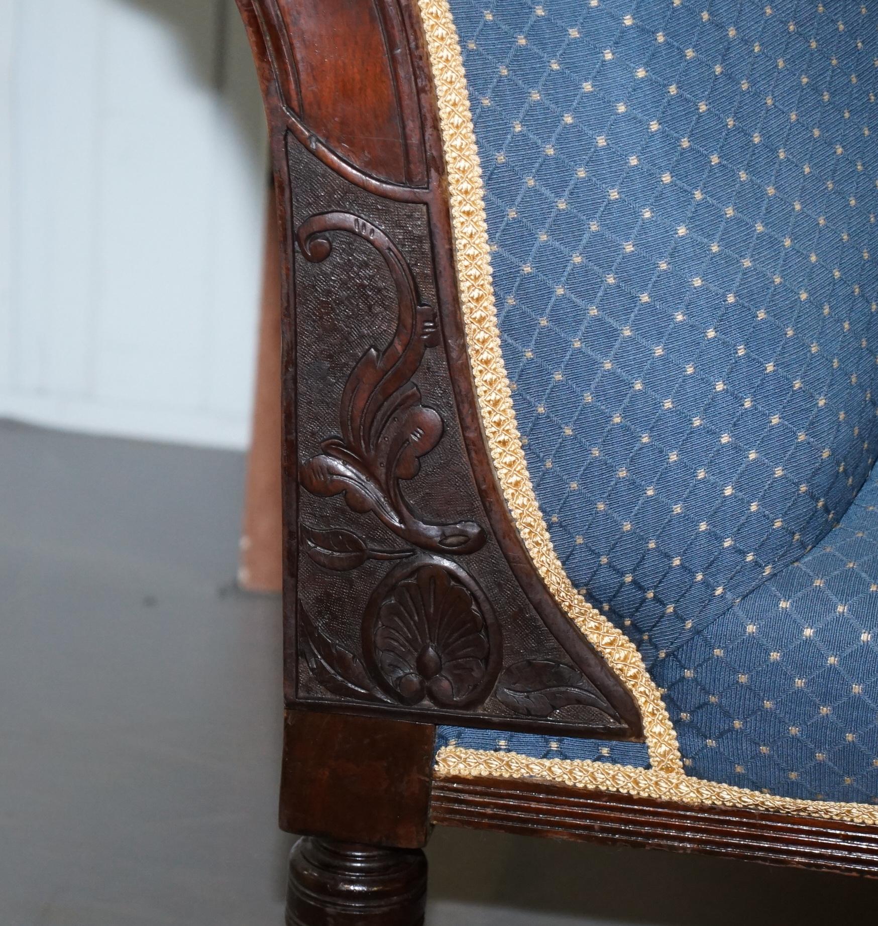 19th Century Lovely Early Victorian Carved Hardwood Chaise Lounge Regency Blue Upholstery