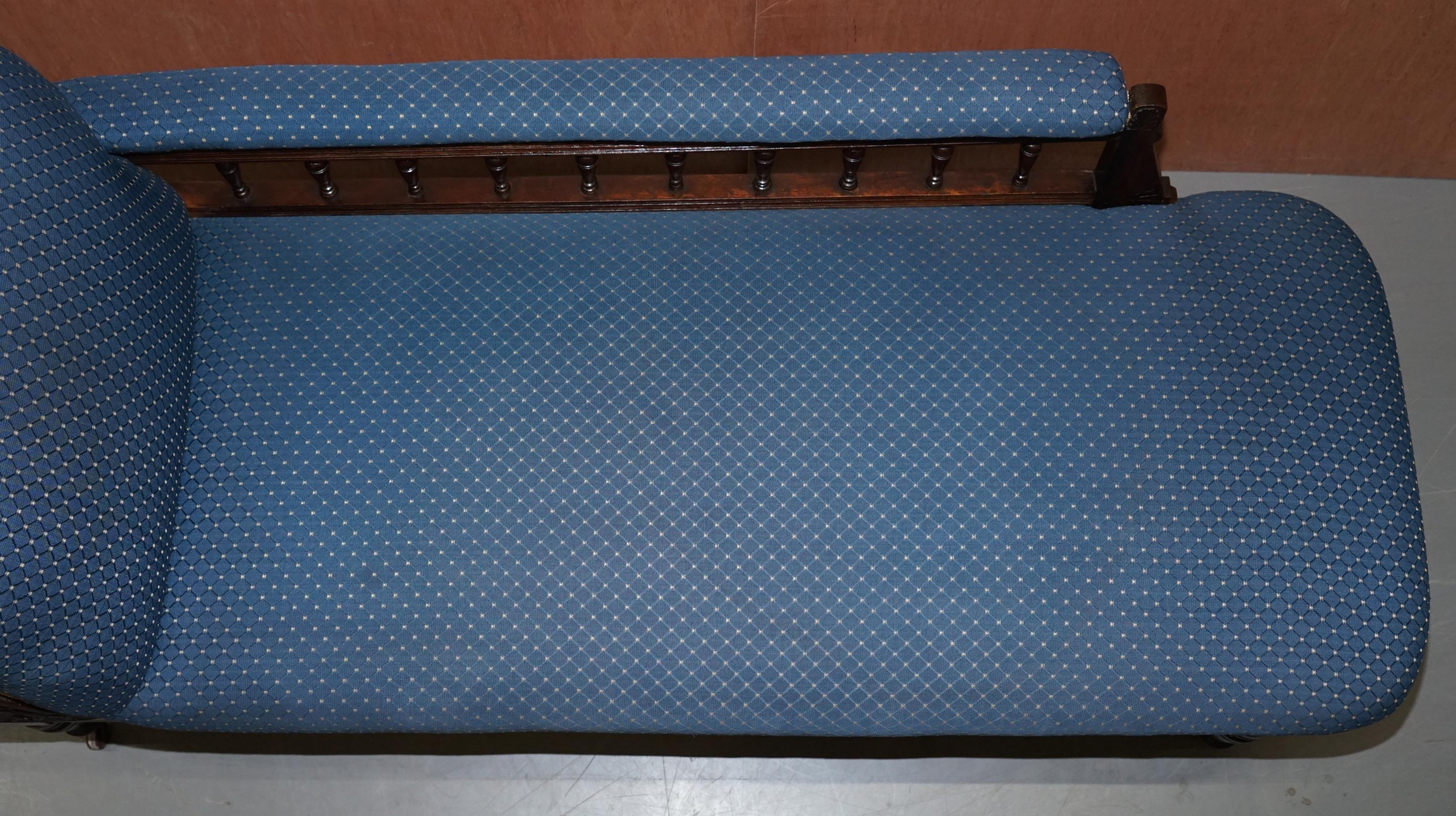 19th Century Lovely Early Victorian Carved Hardwood Chaise Lounge Regency Blue Upholstery