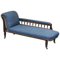 Antique Lovely Early Victorian Carved Hardwood Chaise Lounge Regency Blue Upholstery