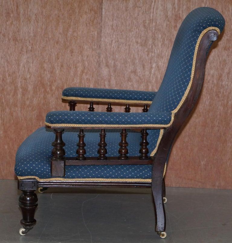 Lovely Early Victorian Hardwood Library Reading Armchair Regency Blue Upholstery For Sale 4