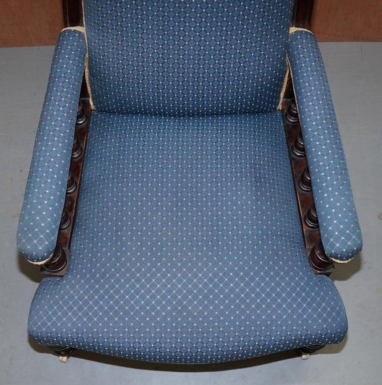 English Lovely Early Victorian Hardwood Library Reading Armchair Regency Blue Upholstery For Sale
