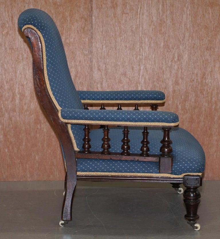 19th Century Lovely Early Victorian Hardwood Library Reading Armchair Regency Blue Upholstery For Sale