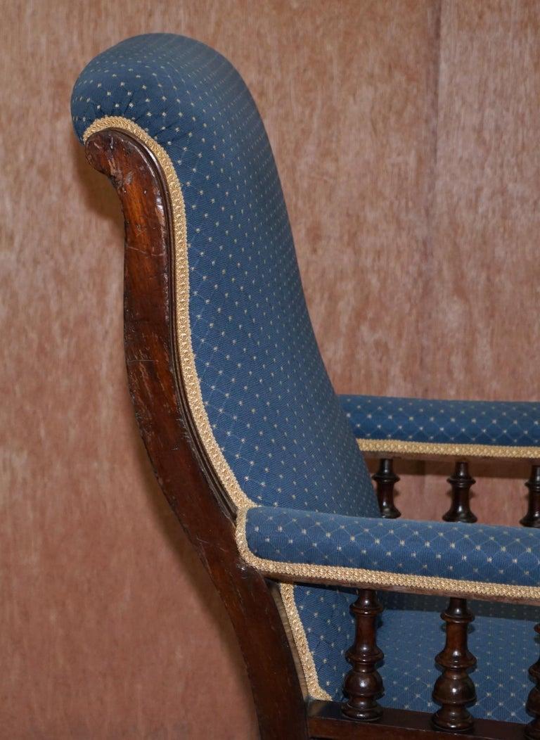 Lovely Early Victorian Hardwood Library Reading Armchair Regency Blue Upholstery For Sale 1