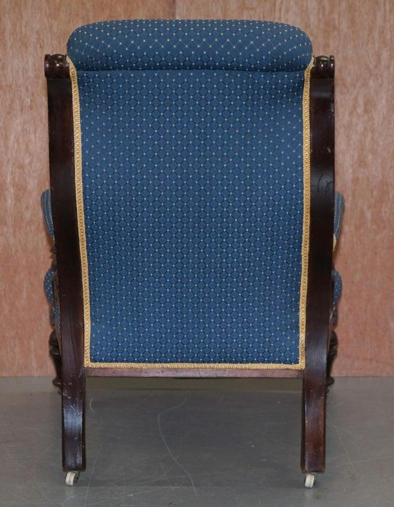 Lovely Early Victorian Hardwood Library Reading Armchair Regency Blue Upholstery For Sale 1