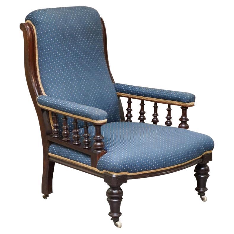 Lovely Early Victorian Hardwood Library Reading Armchair Regency Blue Upholstery For Sale