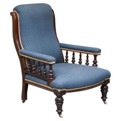 Ravissant fauteuil de lecture en bois de feuillus du début de l'ère victorienne, tapisserie bleue Regency