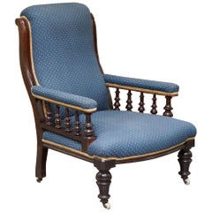 Lovely Early Victorian Hardwood Library Reading Armchair Regency Blue Upholstery