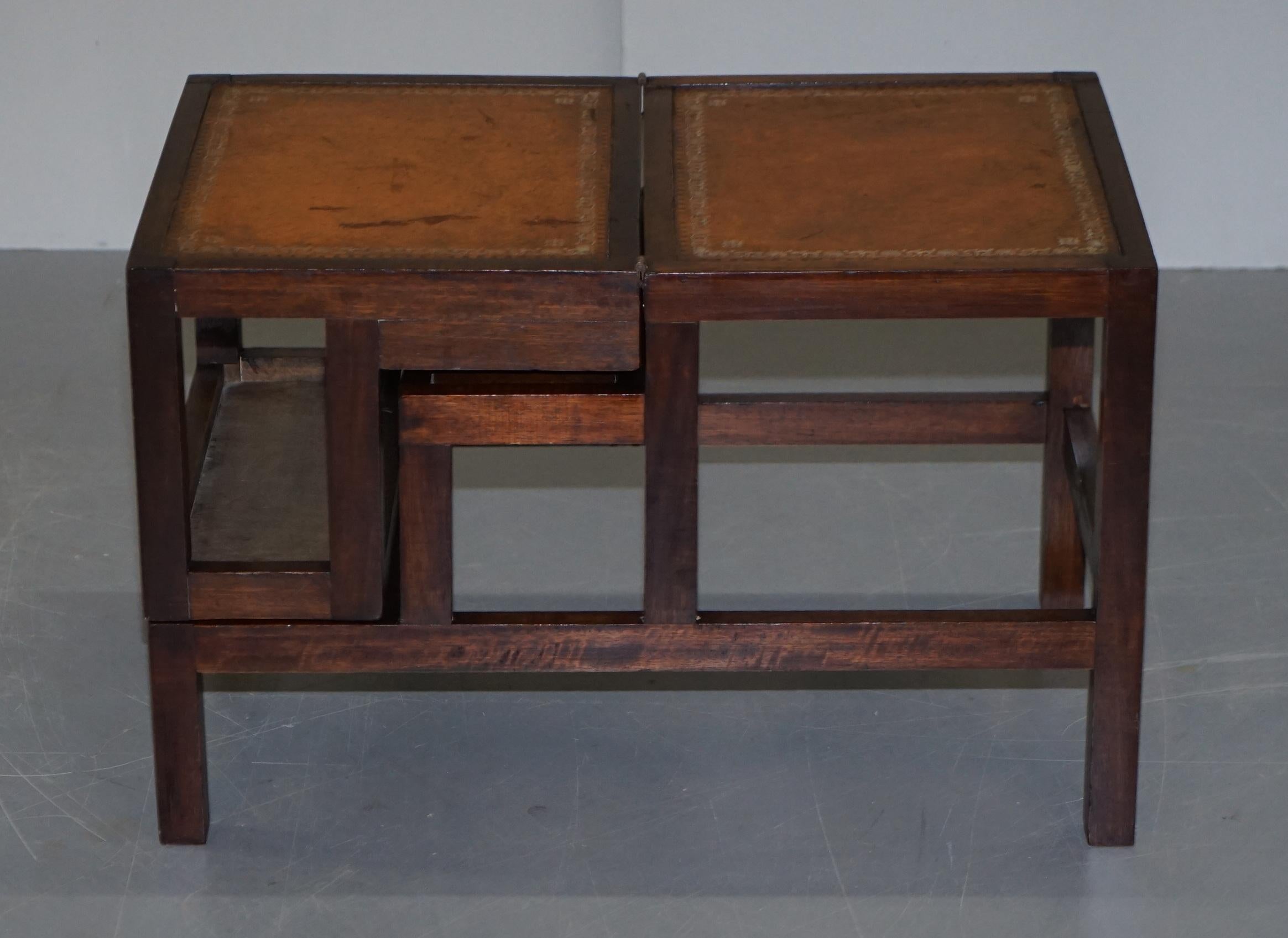 Lovely Edwardian Brown Leather Metamorphic Library Ladder Steps Coffee Table 6