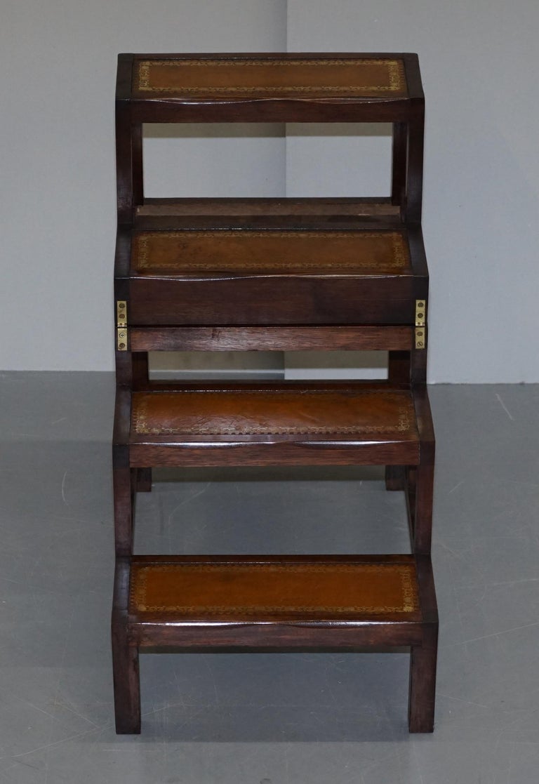 Lovely Edwardian Brown Leather Metamorphic Library Ladder Steps Coffee ...