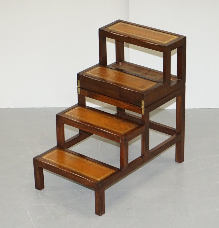 Lovely Edwardian Brown Leather Metamorphic Library Ladder Steps Coffee ...