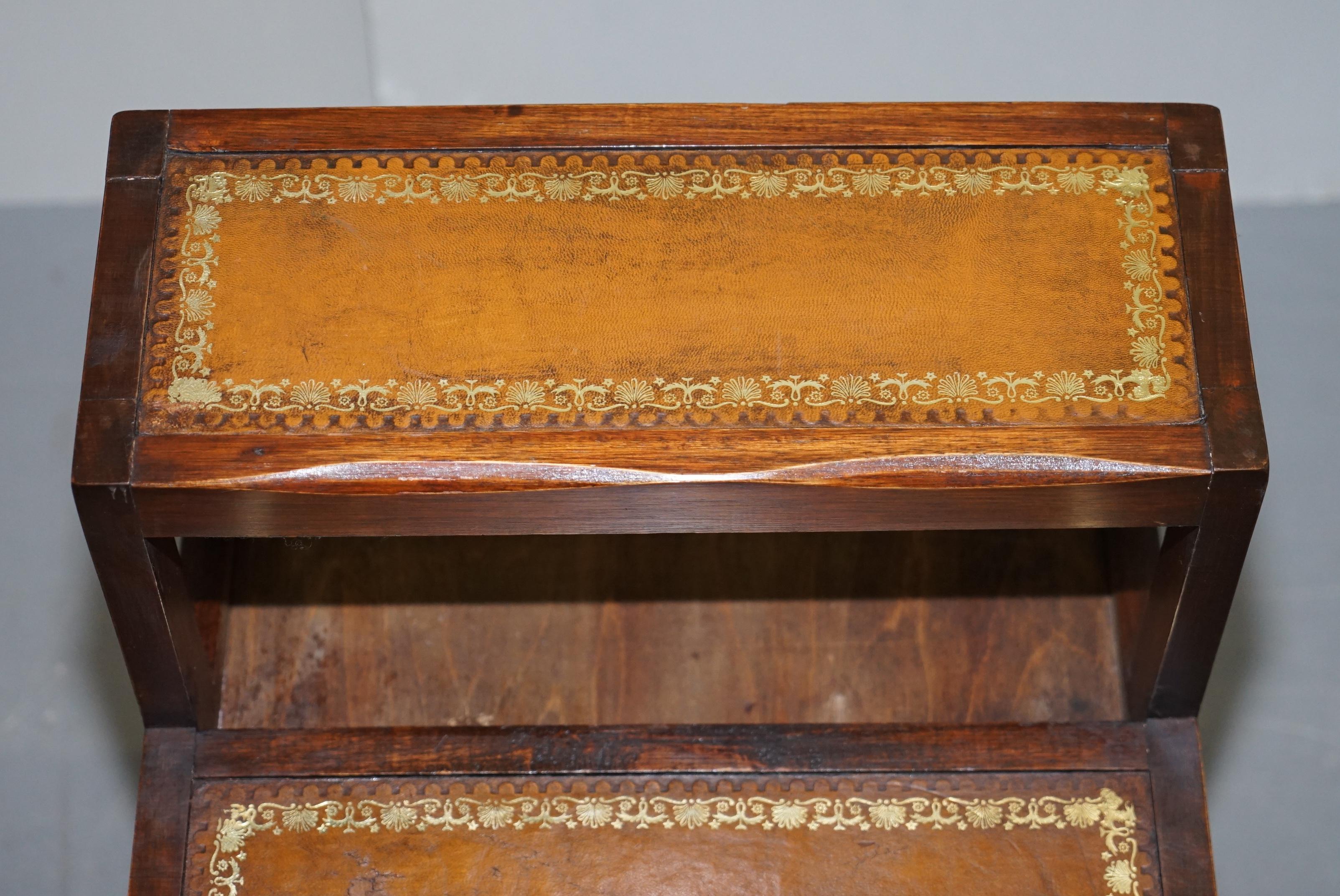English Lovely Edwardian Brown Leather Metamorphic Library Ladder Steps Coffee Table