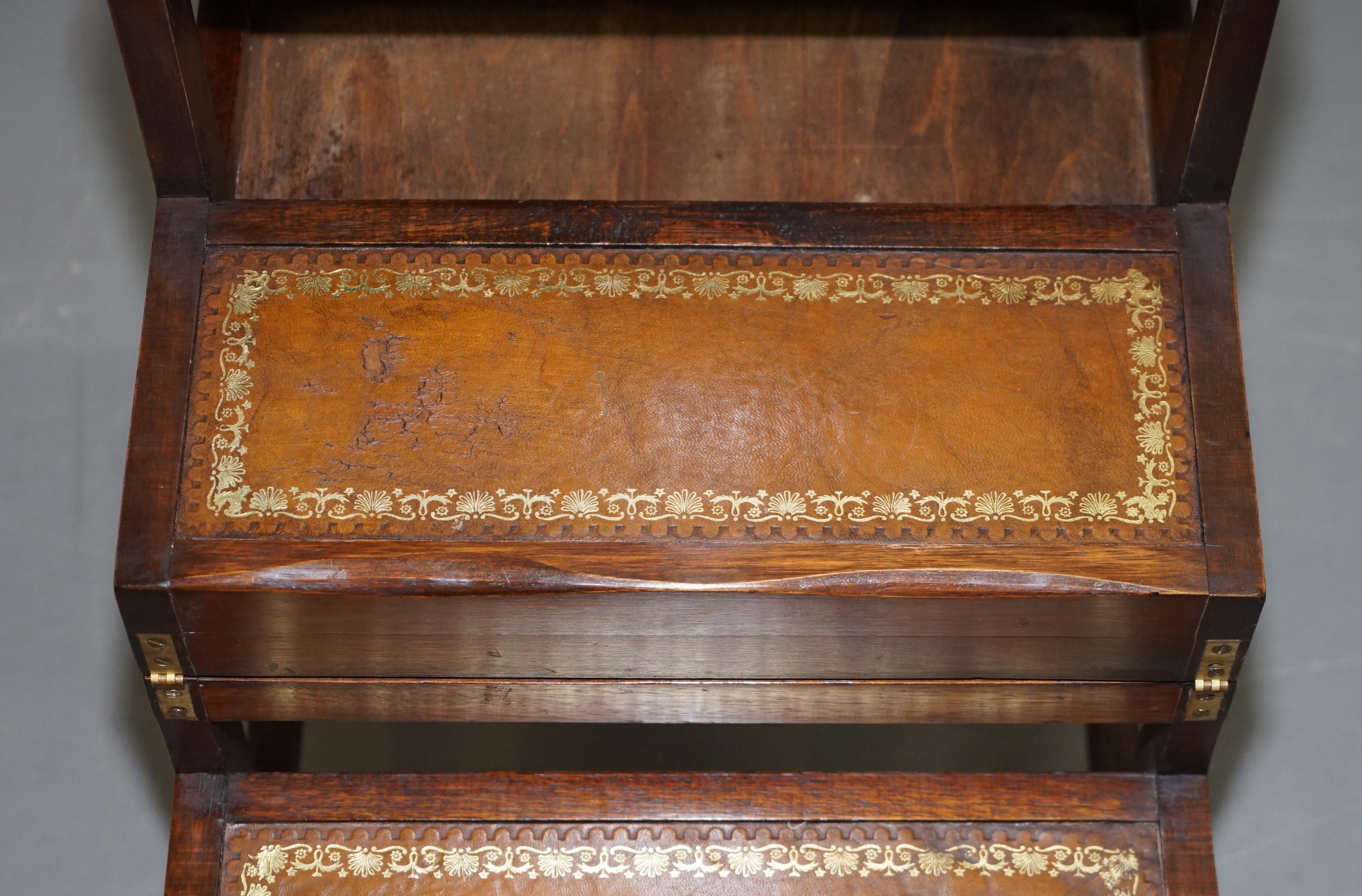 Hand-Crafted Lovely Edwardian Brown Leather Metamorphic Library Ladder Steps Coffee Table