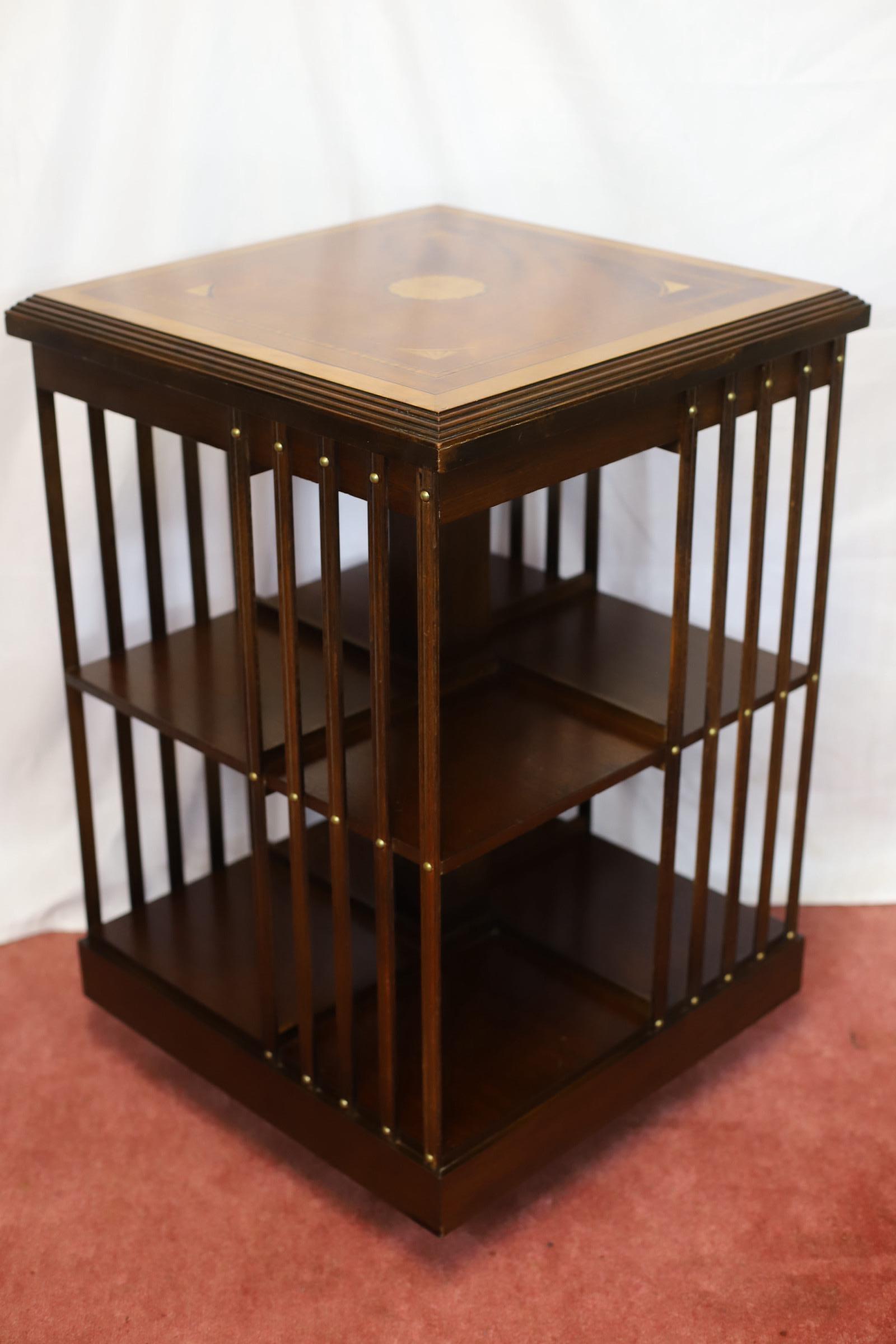 Lovely Edwardian Walnut Inlaid Revolving Bookcase For Sale 4