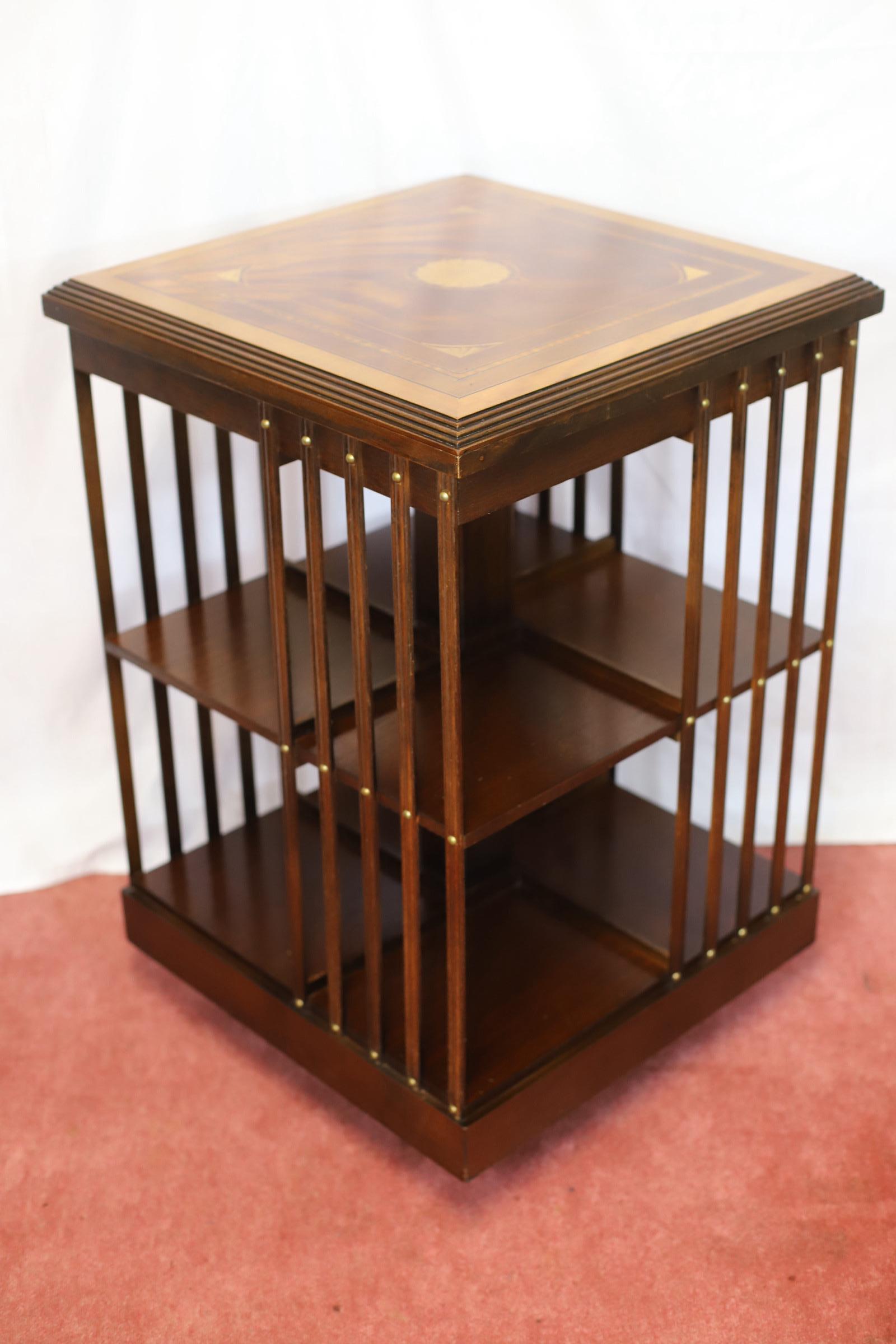 British Lovely Edwardian Walnut Inlaid Revolving Bookcase For Sale