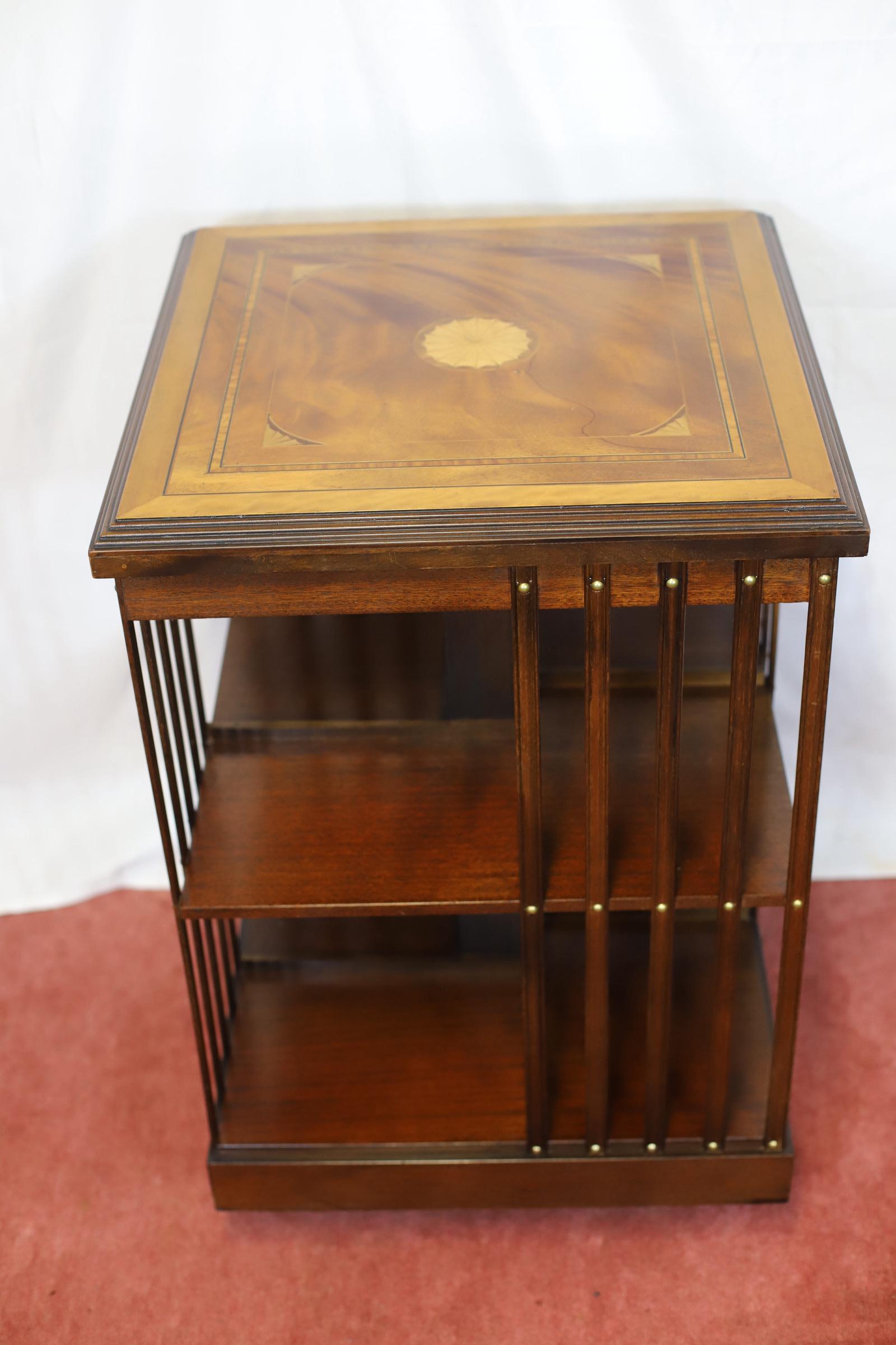 Hand-Crafted Lovely Edwardian Walnut Inlaid Revolving Bookcase For Sale