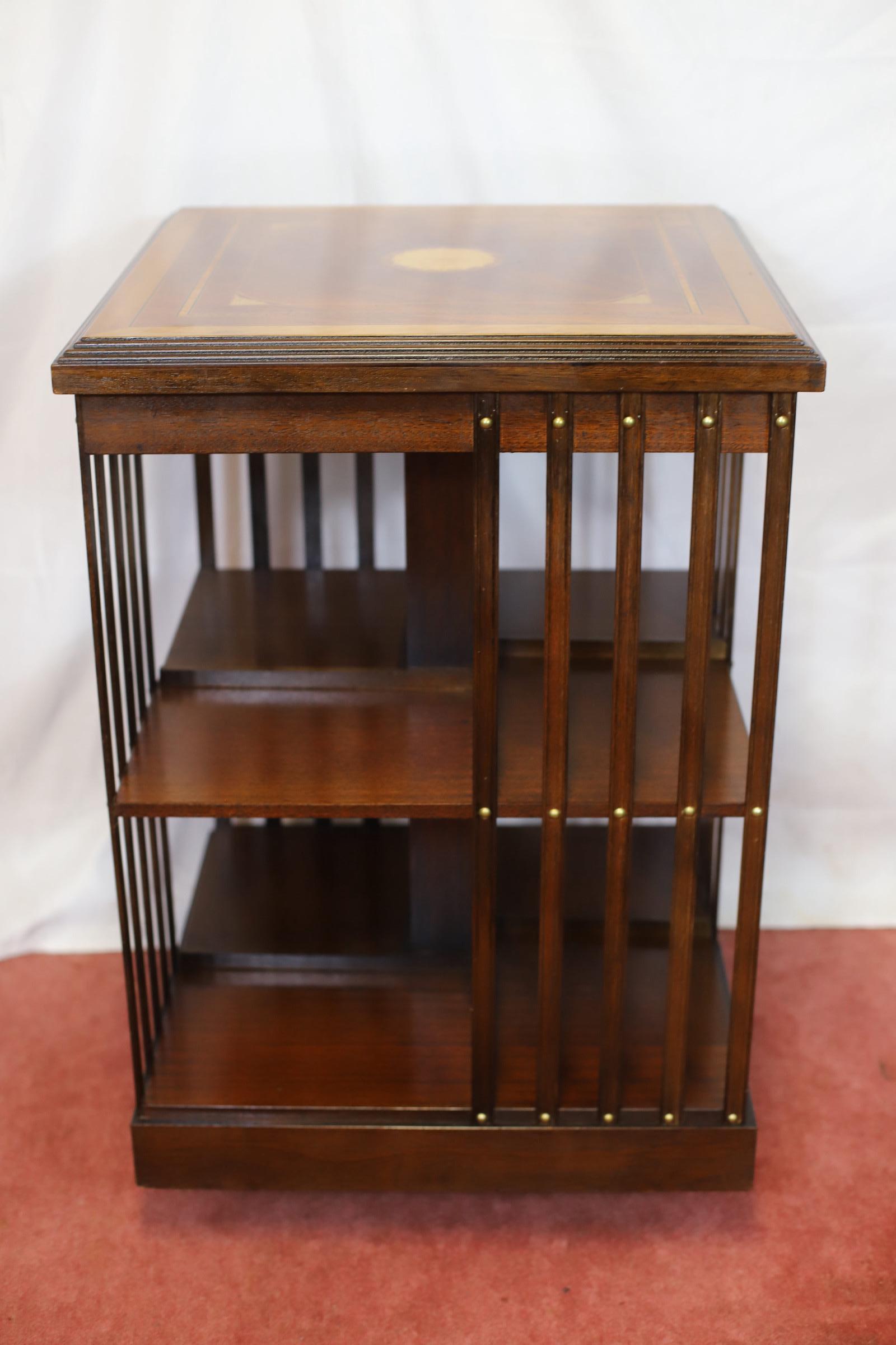 Lovely Edwardian Walnut Inlaid Revolving Bookcase For Sale 1